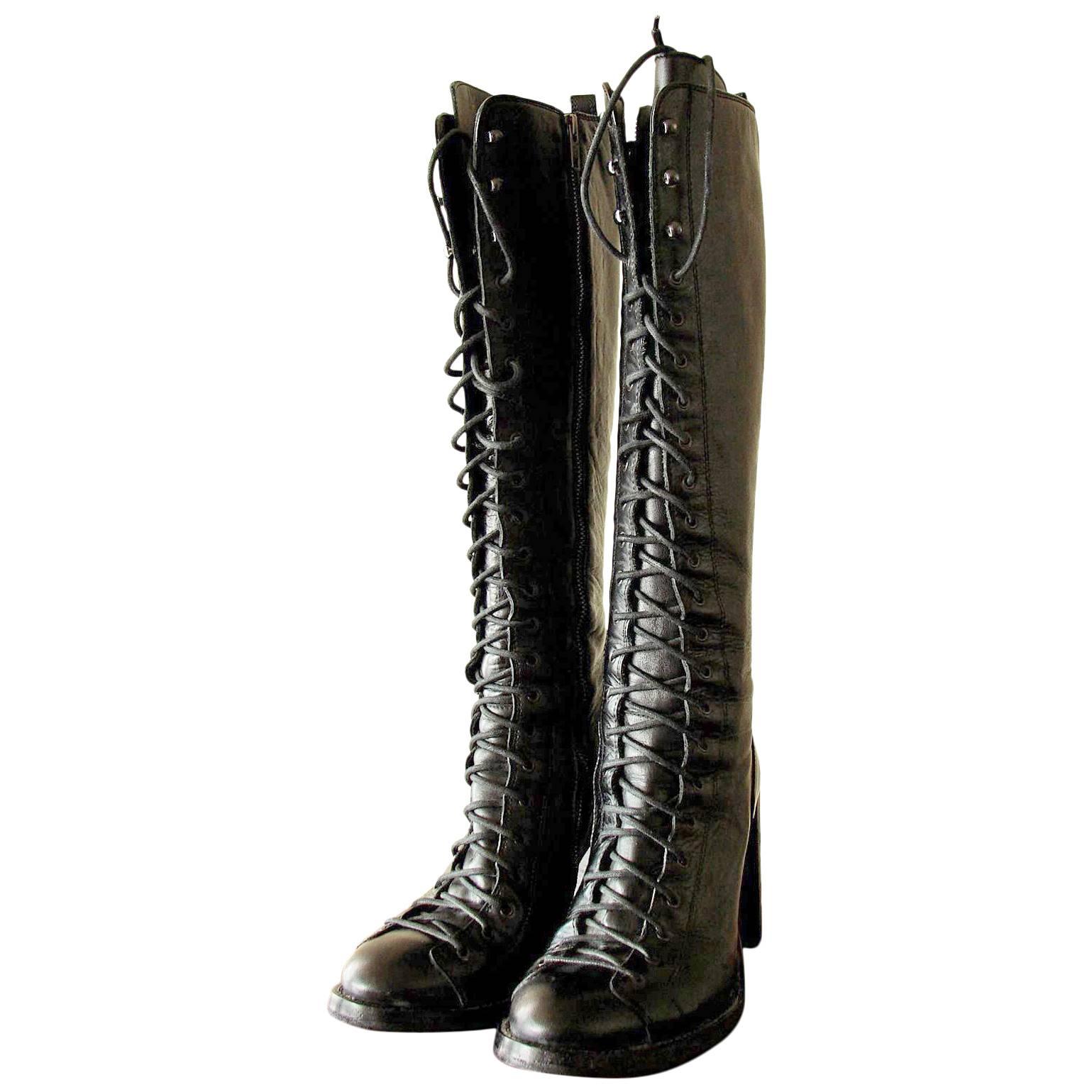 Ann Demeulemeester High Single Lace Boots Black Leather Talon Heels 2008 39.5