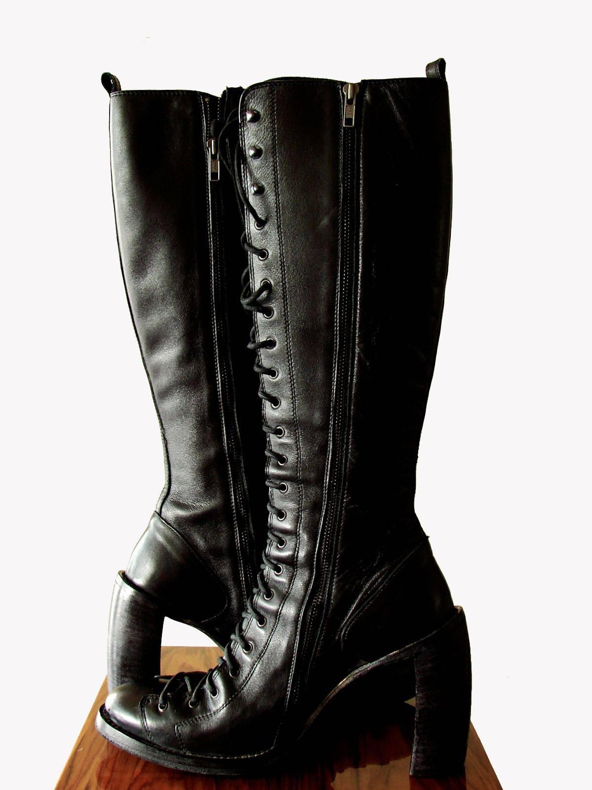 Women's Ann Demeulemeester High Single Lace Boots Black Leather Talon Heels 2008 39.5