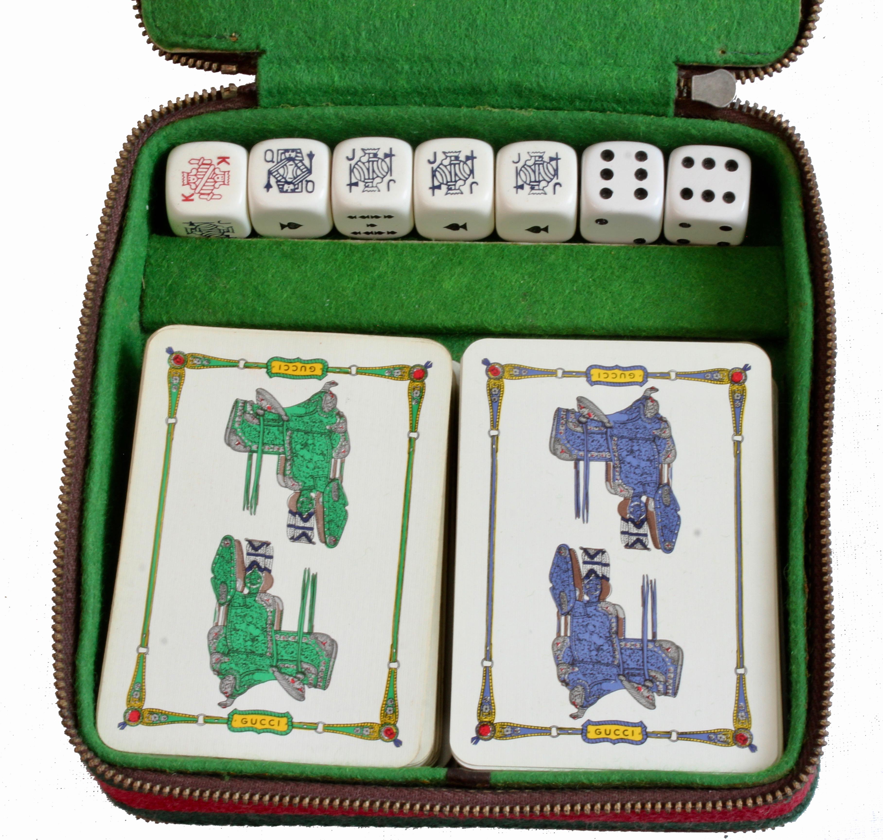 Beige Gucci Vintage Leather Case with Webbing Poker Dice Cards Chess Travel Game Set 