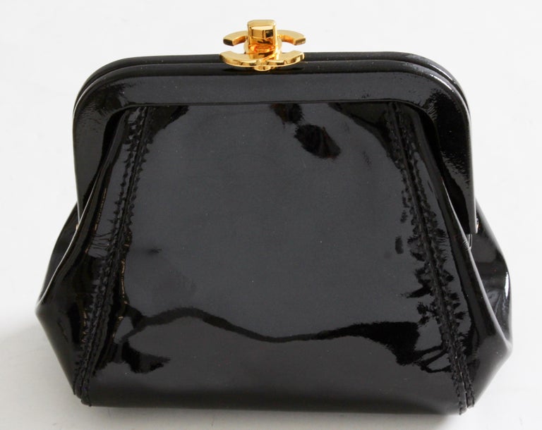 Chanel Black Patent Leather Small Coin Purse Clutch with Gold CC Clasp with Box For Sale at 1stdibs