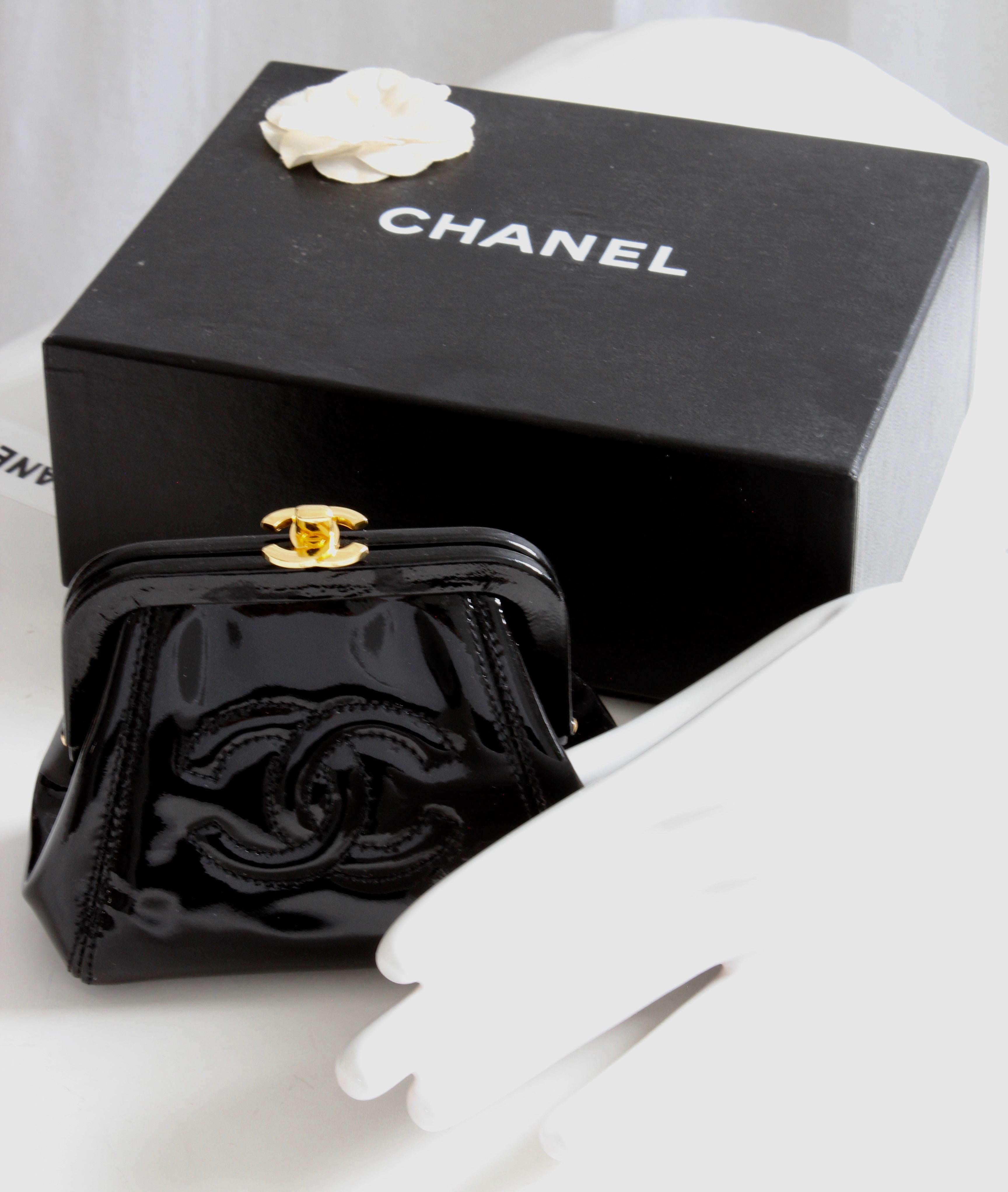 Chanel Black Patent Leather Small Coin Purse Clutch with Gold CC Clasp with Box 4