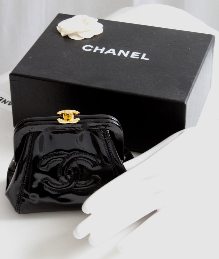 Chanel Black Patent Leather Small Coin Purse Clutch with Gold CC Clasp with  Box
