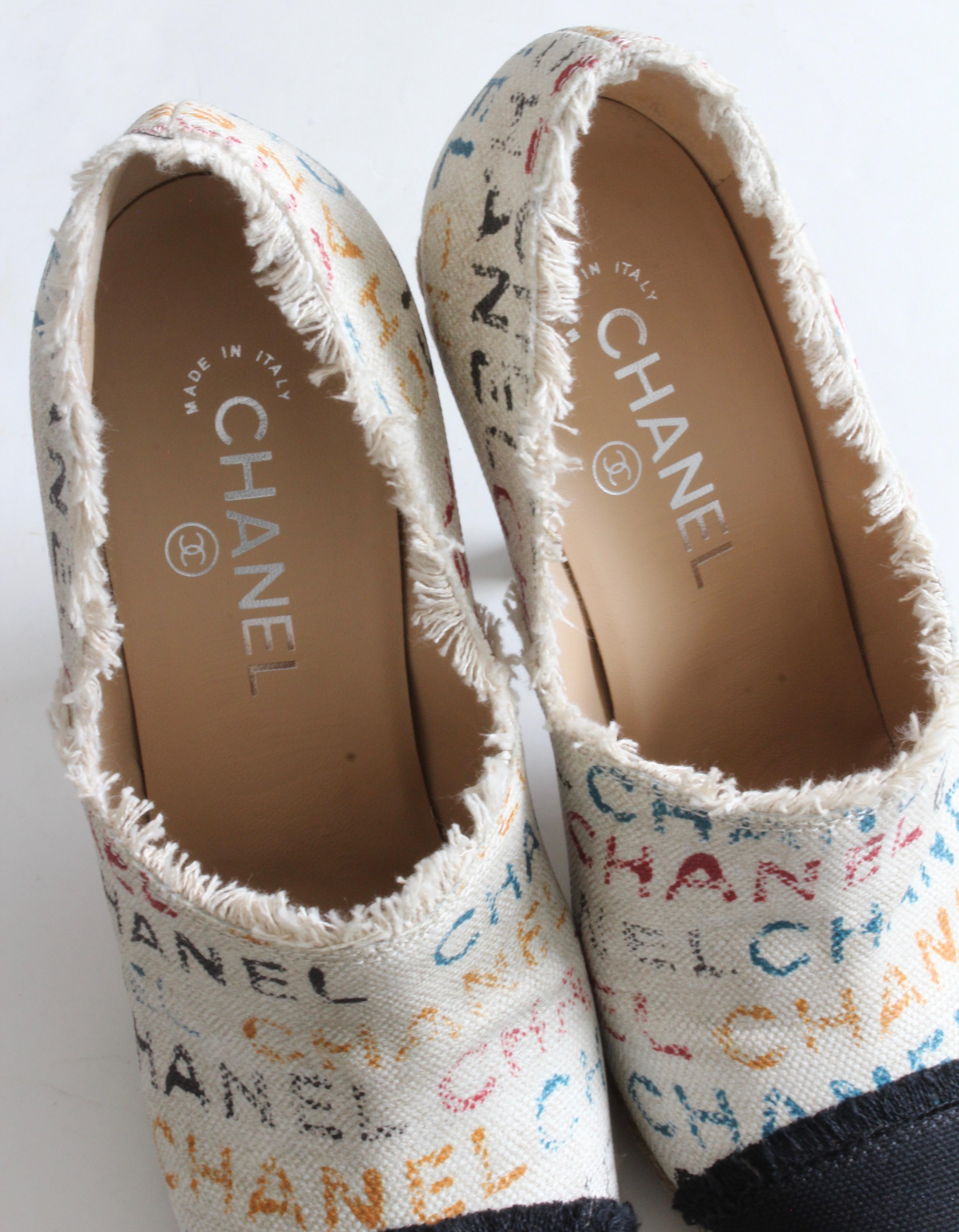 Chanel Multicolor White Graffiti Toile Canvas Espadrilles Heels + Box 5