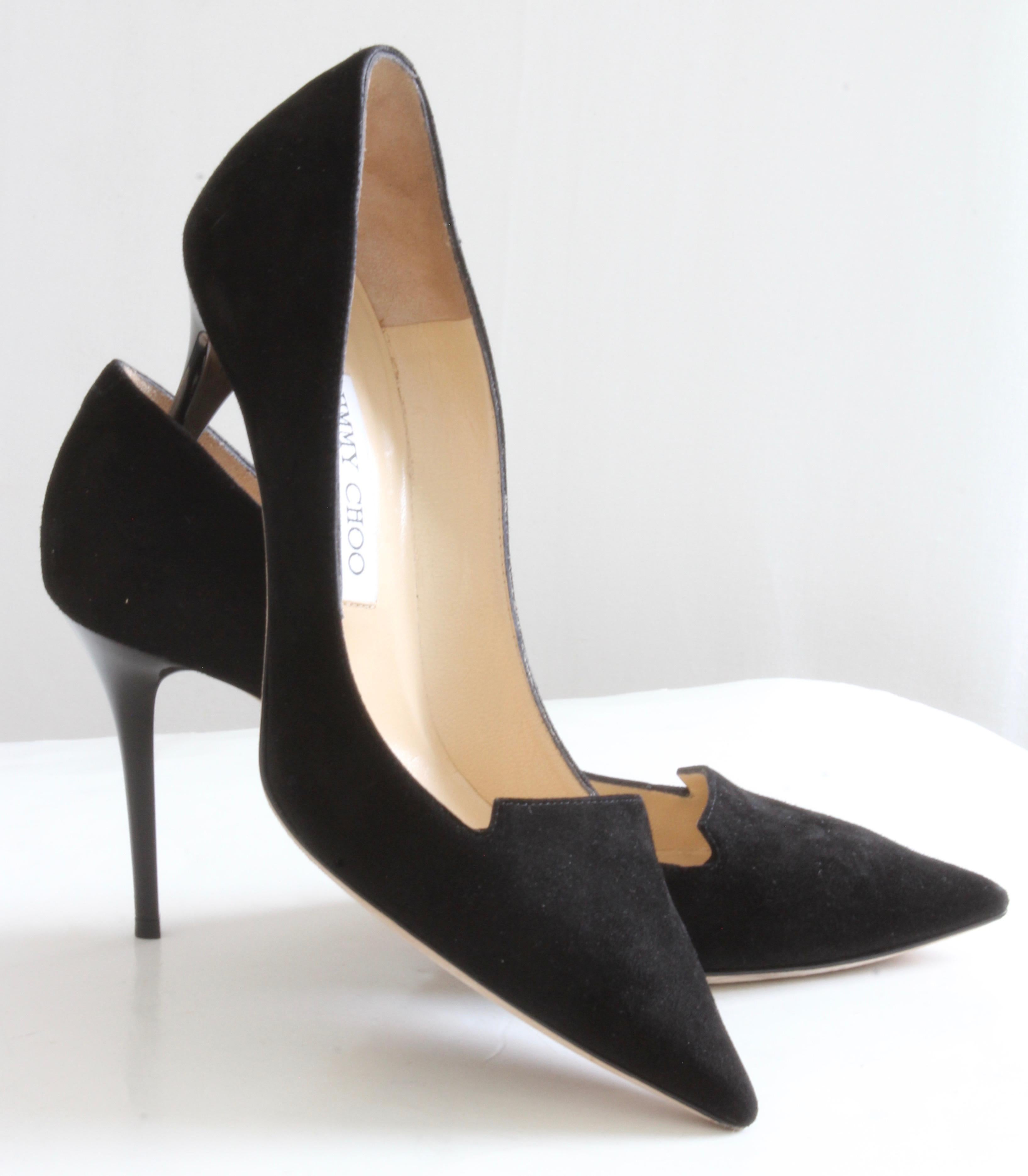 Here's a pair of chic black suede stiletto pumps from Jimmy Choo. From their 247 collection, this is the Alia in black suede, with a 3.5in heel.  Perfect for day or evening, these retailed for $625 + tax.  

Preowned with minimal signs of prior