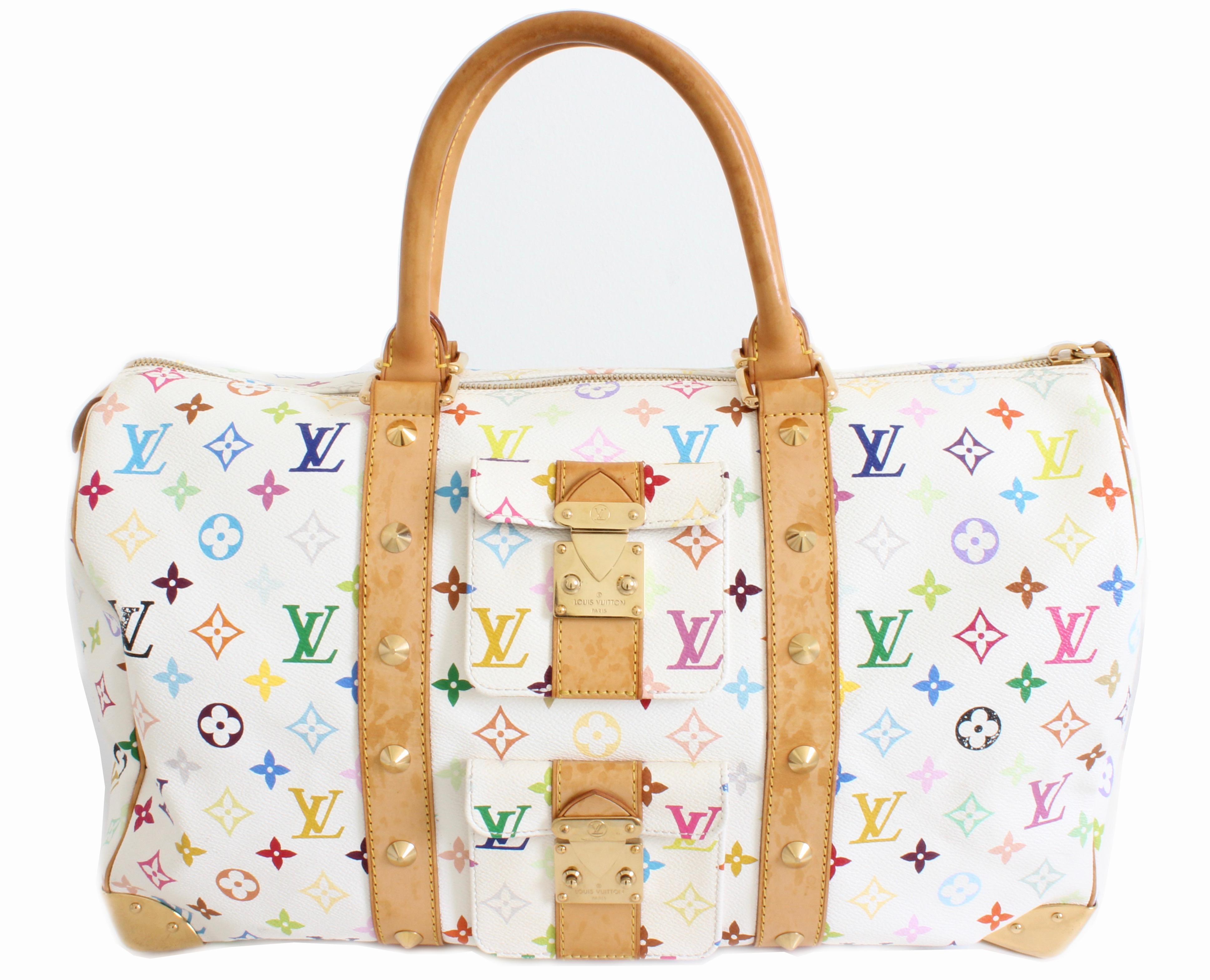 Here's a fabulous 45cm Keepall duffle bag from Louis Vuitton's Spring 2003 collection and designed by Marc Jacobs.  Made from a colorful variation of LV's signature monogram pattern, this bag features two front pockets and a cavernous main