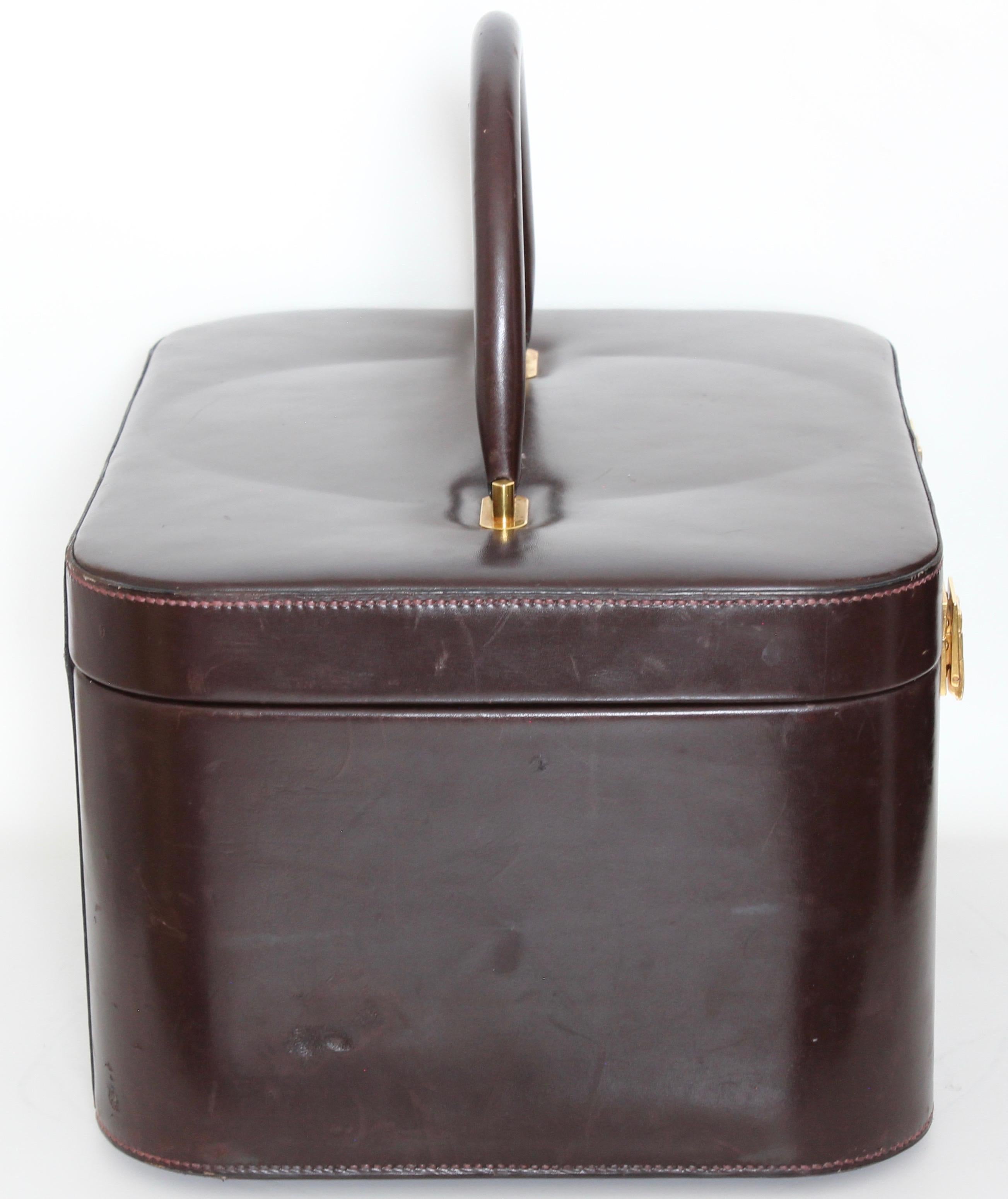 Black Rare Hermes Box Leather Train Case Vanity with Mirror Travel Carry On Bag 1950s