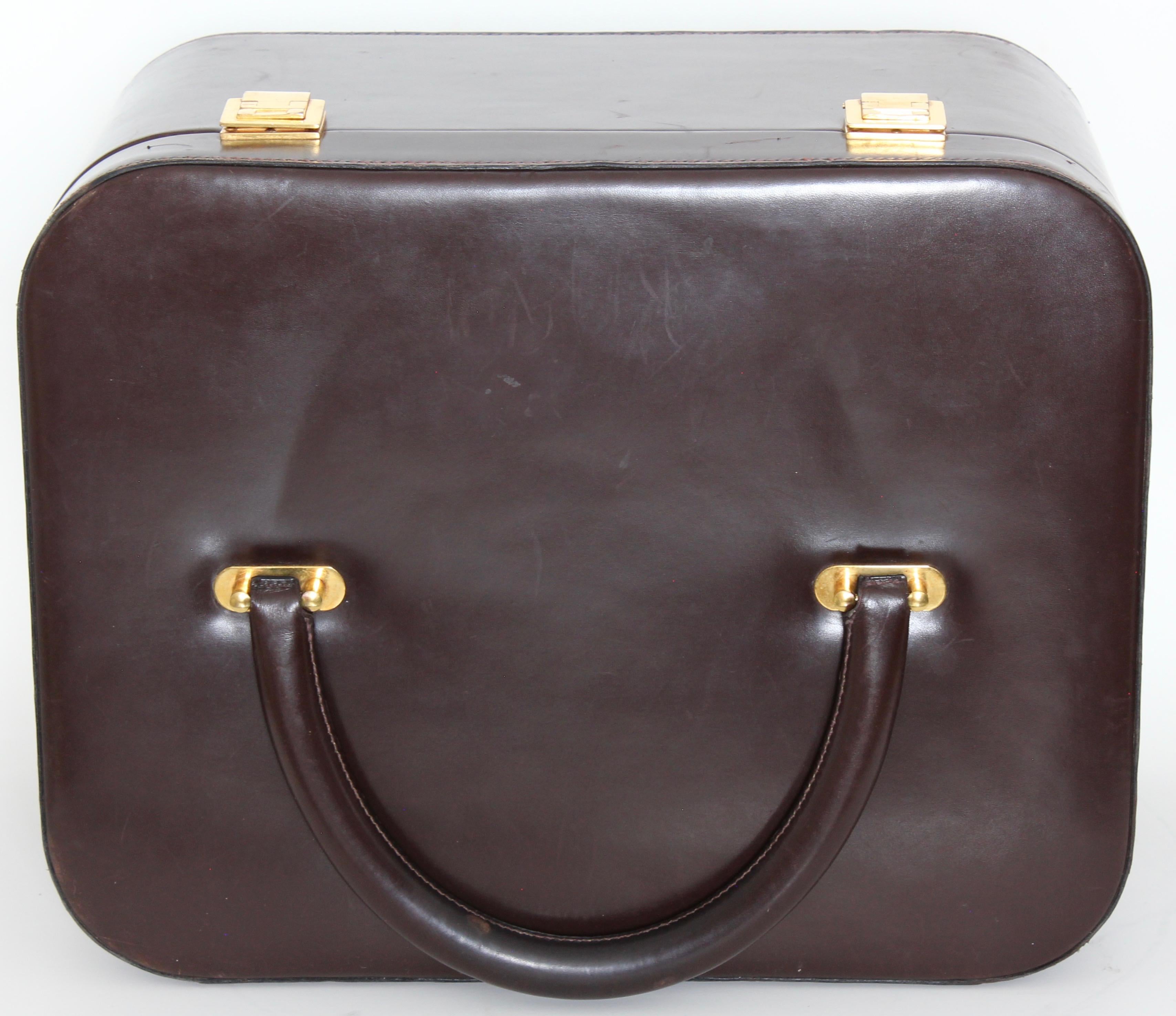 Rare Hermes Box Leather Train Case Vanity with Mirror Travel Carry On Bag 1950s 1