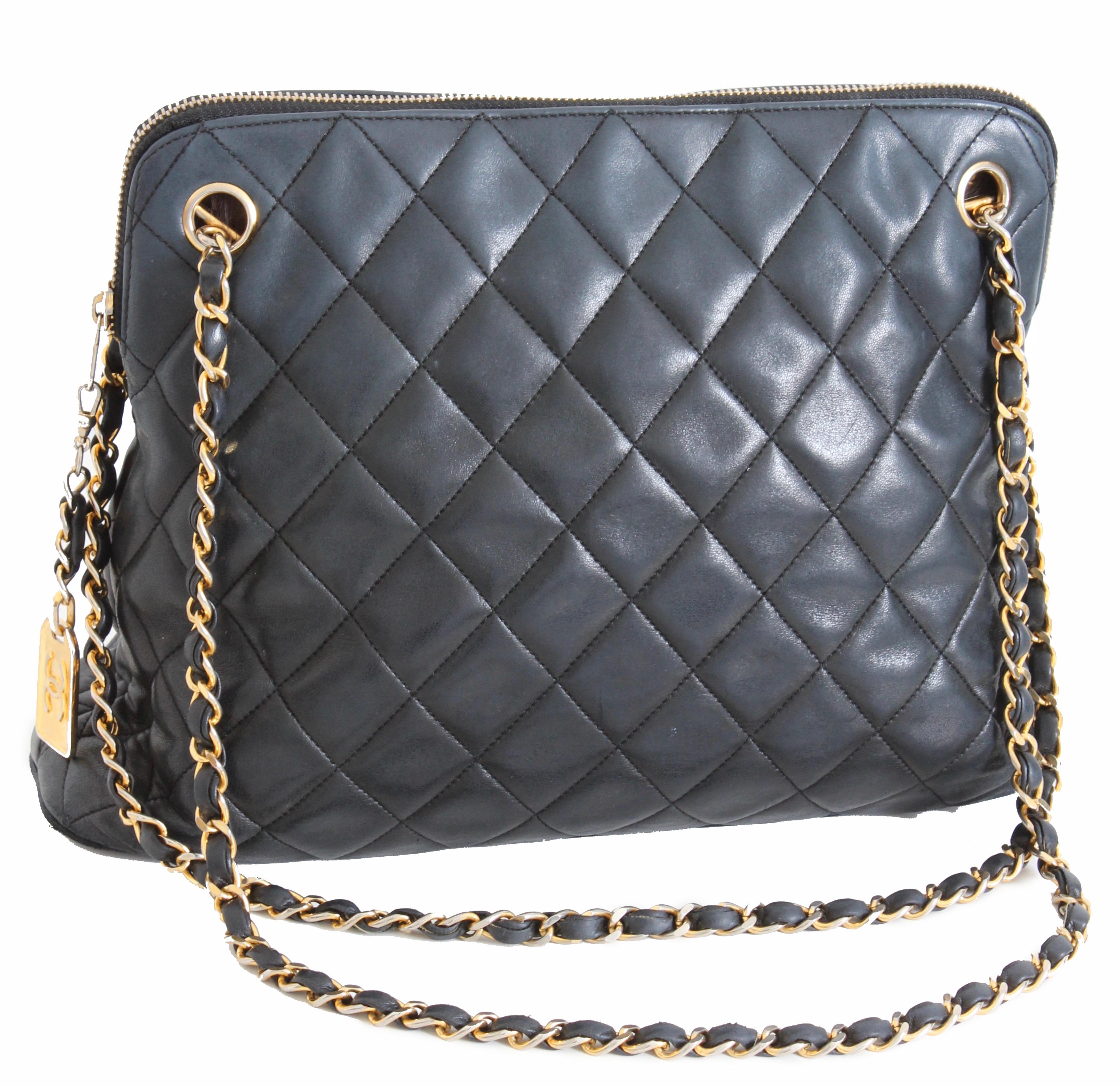 Iconic Chanel Shoulder Bag Lambskin Matelasse Leather Chain Straps + Dust Bag