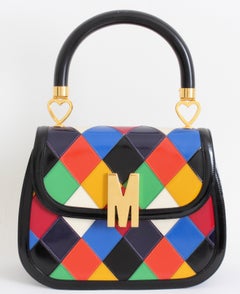 Rare Moschino Leather Bag Harlequin Patch Top Handle with Shoulder Strap Italy