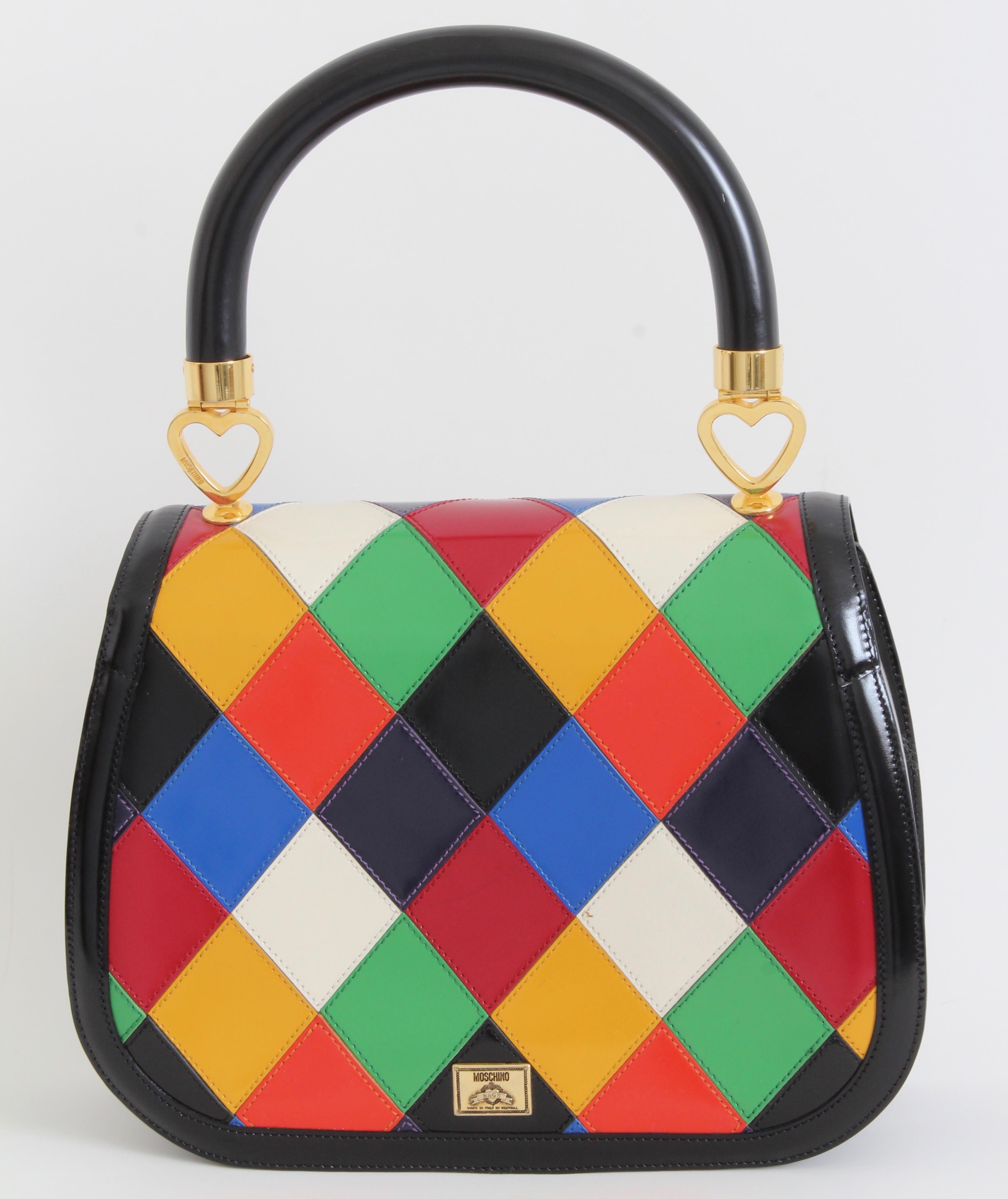 Rare Moschino Leather Bag Harlequin Patch Top Handle with Shoulder Strap Italy In Good Condition In Port Saint Lucie, FL