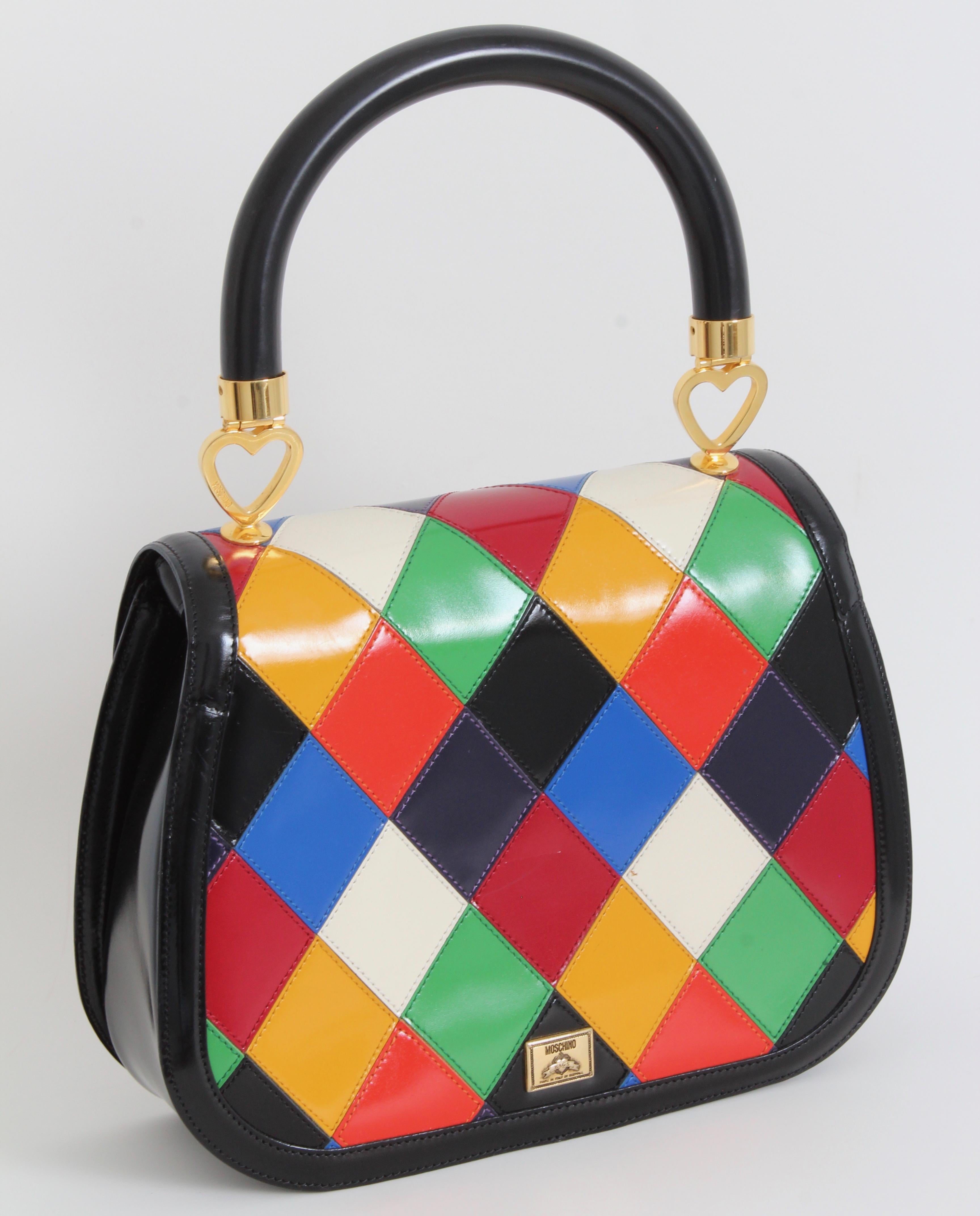 Women's Rare Moschino Leather Bag Harlequin Patch Top Handle with Shoulder Strap Italy
