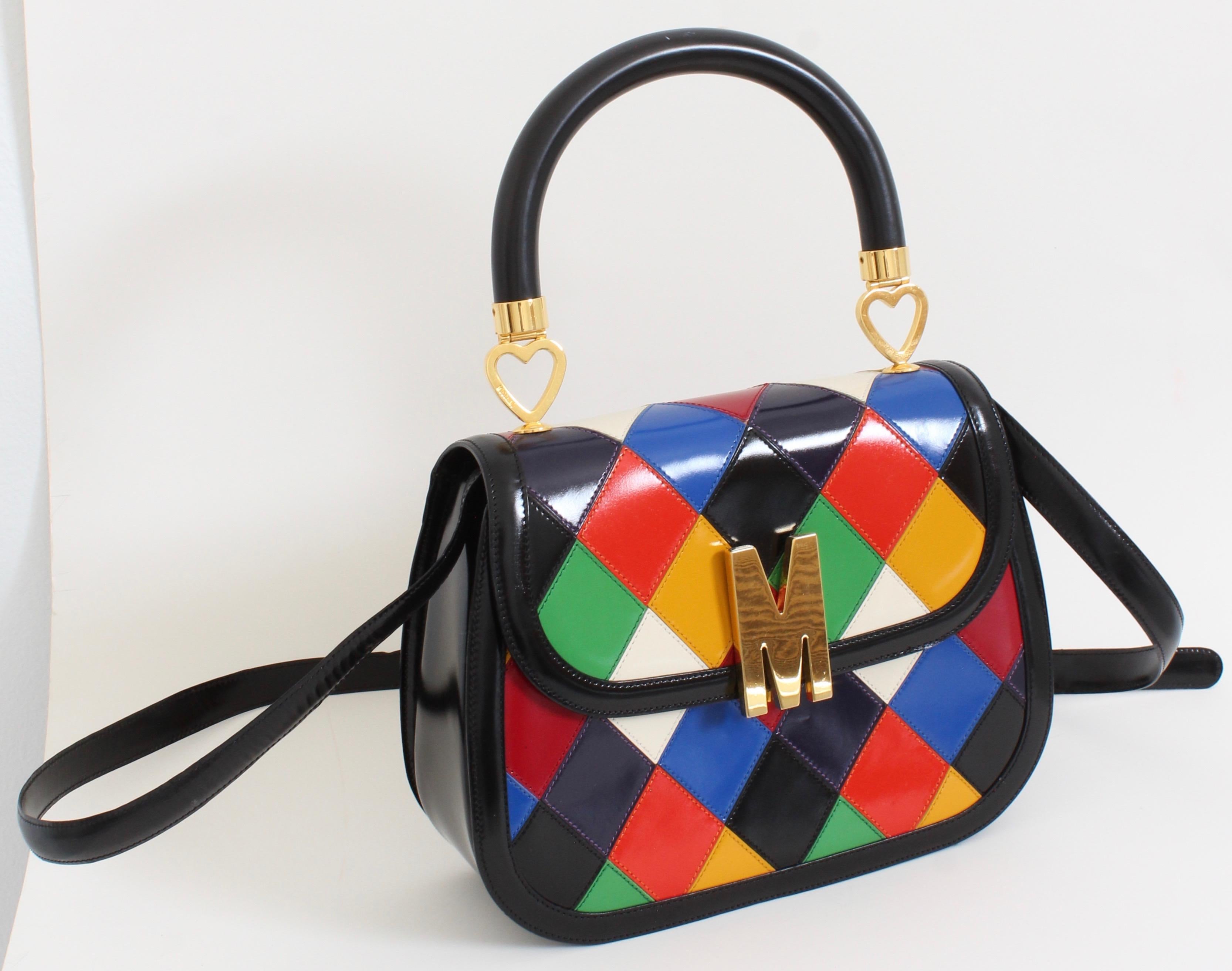 Rare Moschino Leather Bag Harlequin Patch Top Handle with Shoulder Strap Italy 1