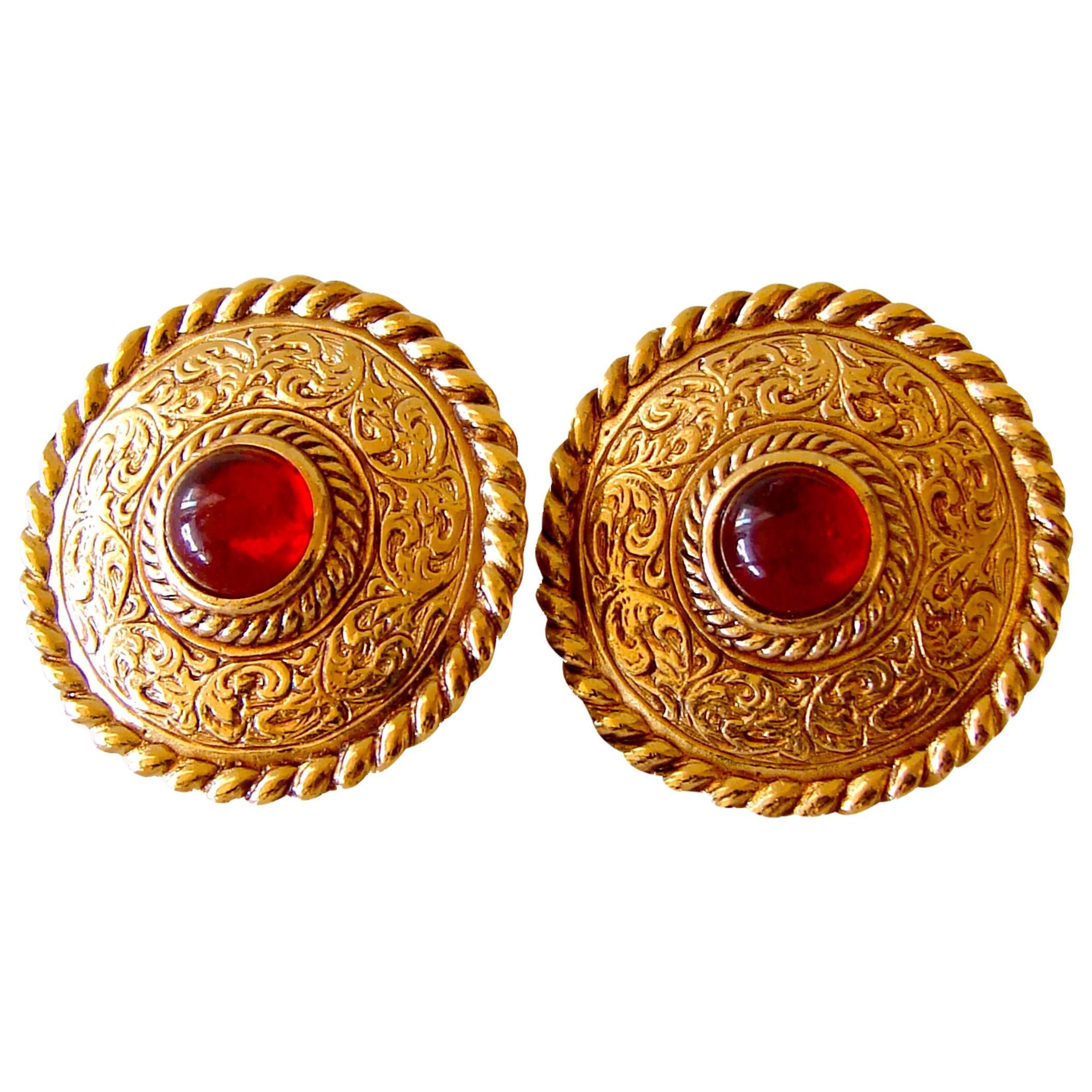 Givenchy Etruscan Earrings Red Glass Cabochon Clip Style 1970s