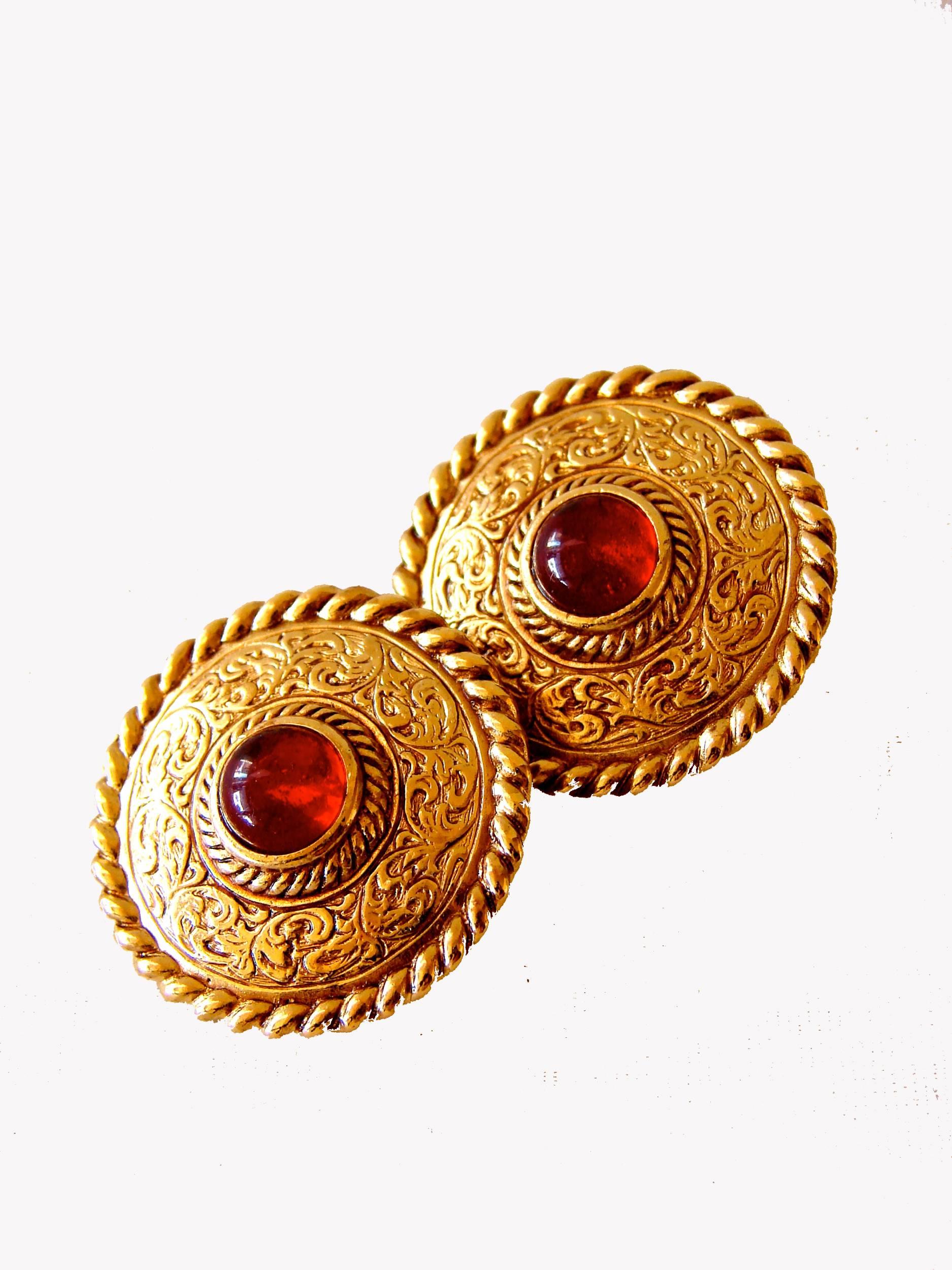 Etruscan Revival Givenchy Etruscan Earrings Red Glass Cabochon Clip Style 1970s