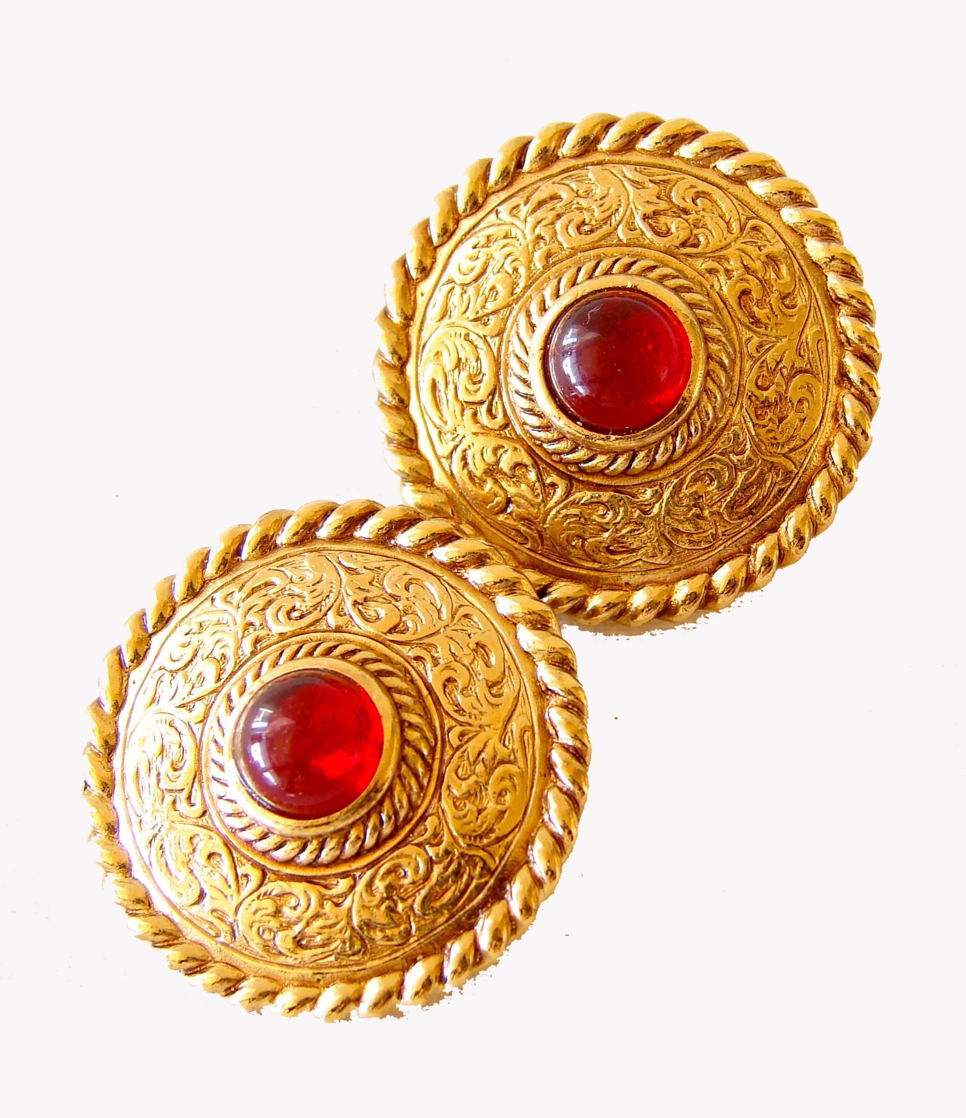 Givenchy Etruscan Earrings Red Glass Cabochon Clip Style 1970s In Good Condition In Port Saint Lucie, FL