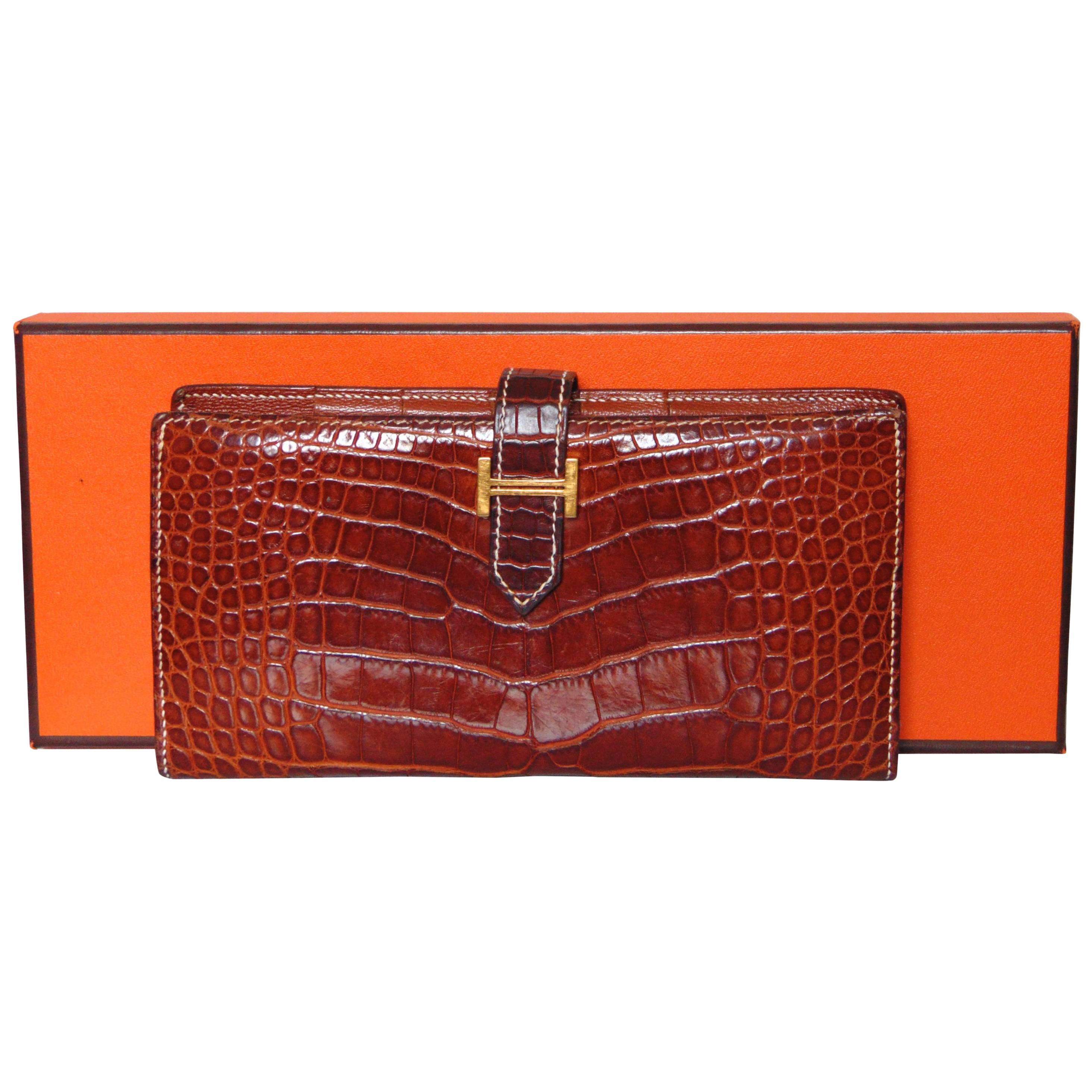 Hermes Alligator Wallet Bearn Honey Miel Croc with Contrast Stitching with Box