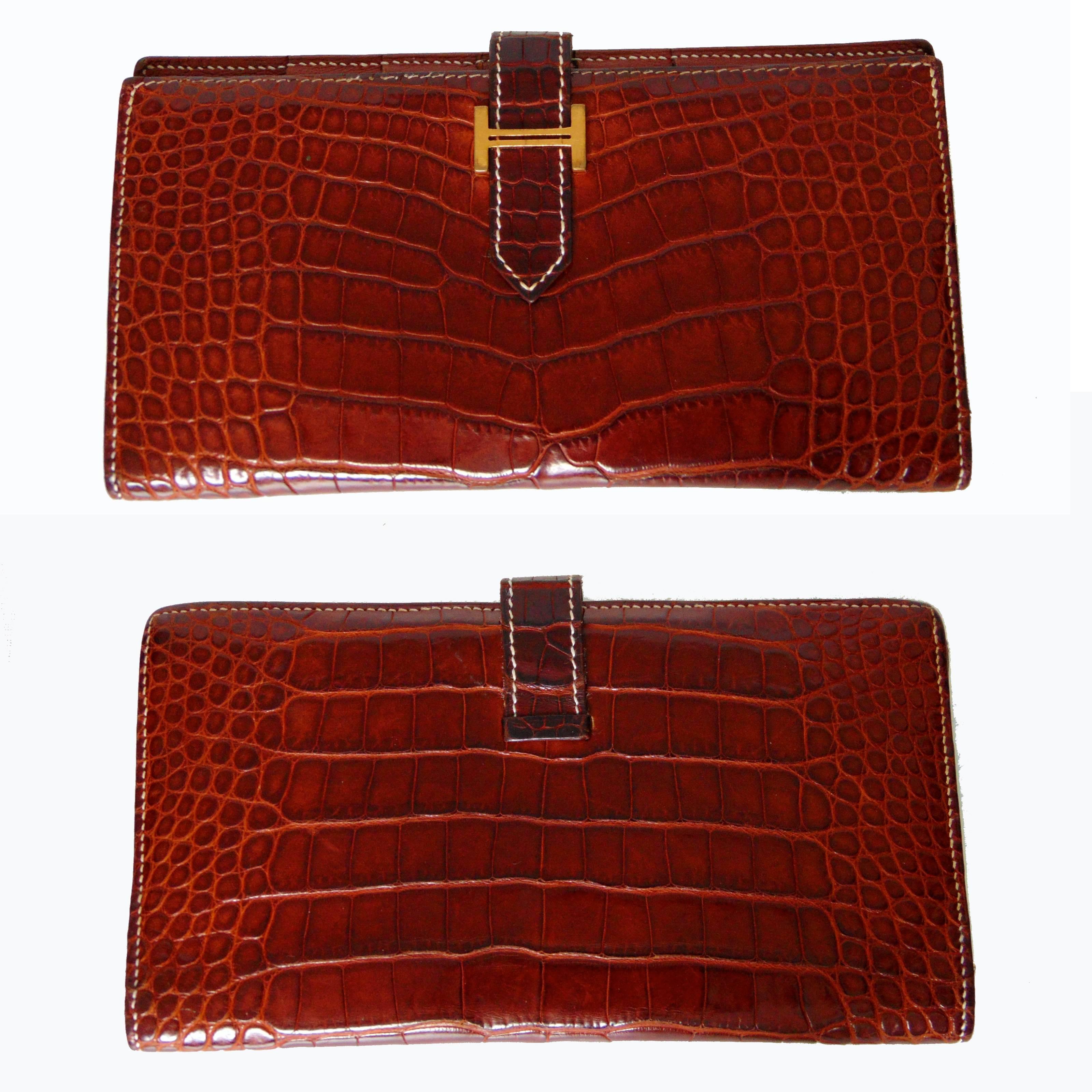 Red Hermes Alligator Wallet Bearn Honey Miel Croc with Contrast Stitching with Box