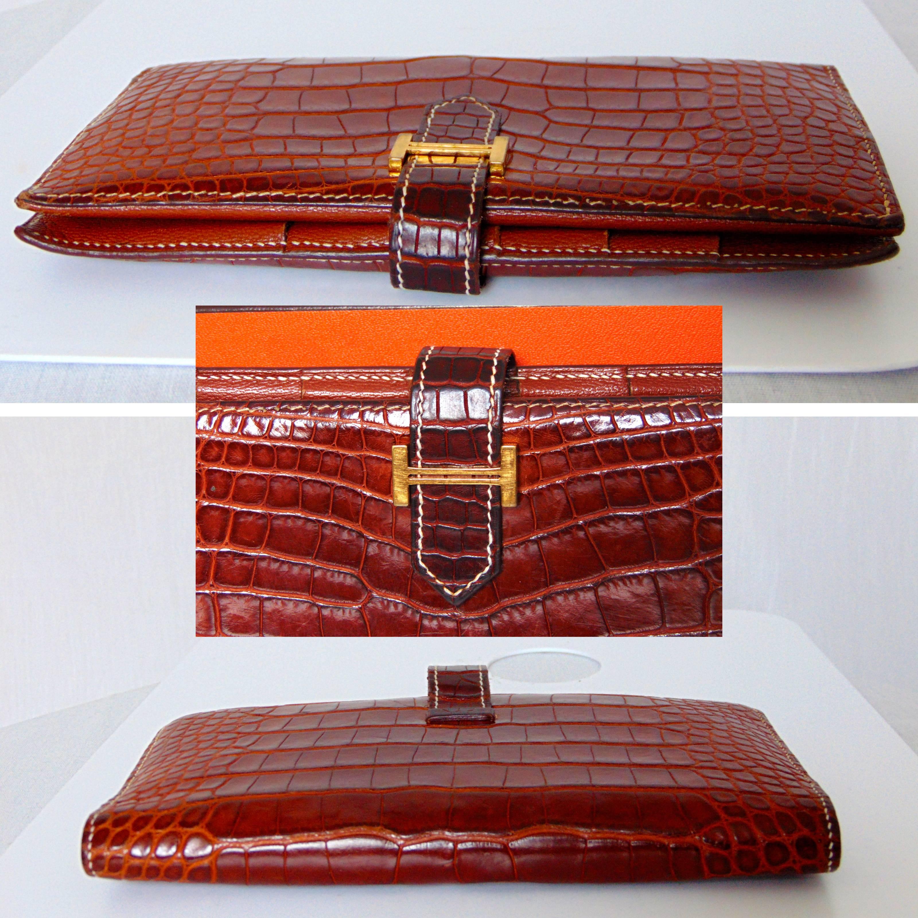 Women's Hermes Alligator Wallet Bearn Honey Miel Croc with Contrast Stitching with Box
