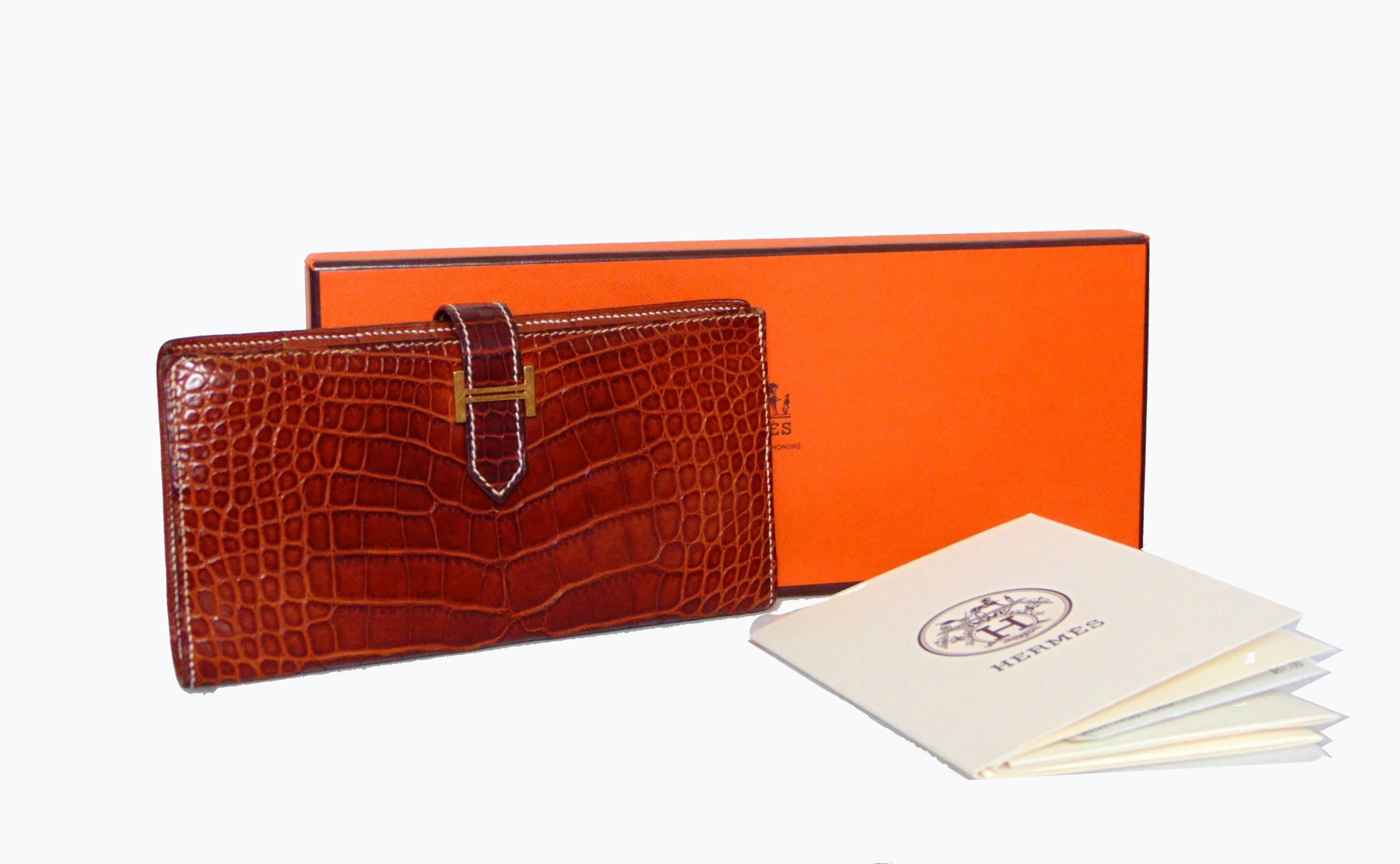 Hermes Alligator Wallet Bearn Honey Miel Croc with Contrast Stitching with Box 3