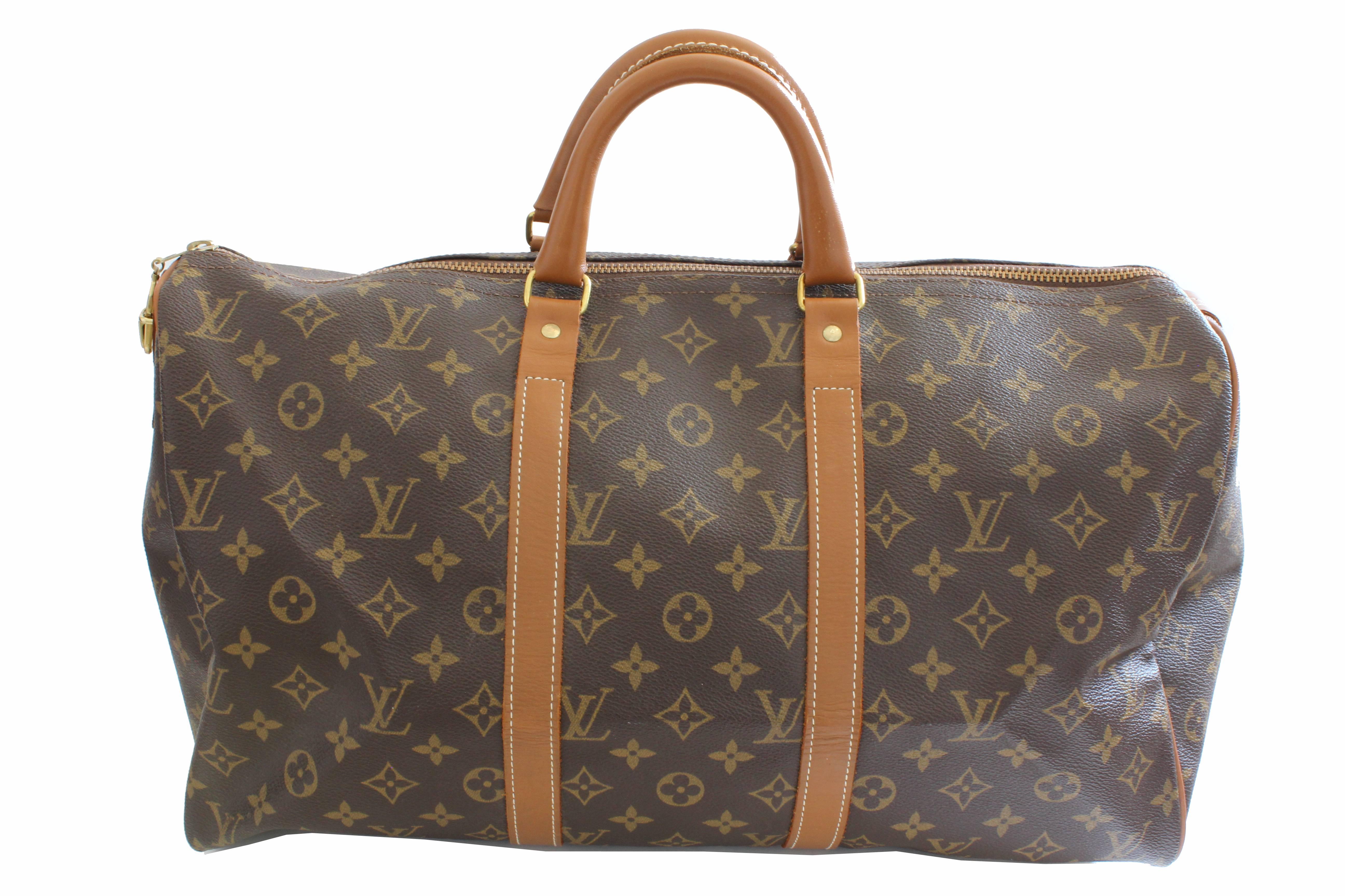 Travel in style with this chic travel bag from Louis Vuitton and manufactured in the USA by The French Company, likely in the early 1970s. The French Company manufactured bags under special license for Louis Vuitton in the 70s, long before the house