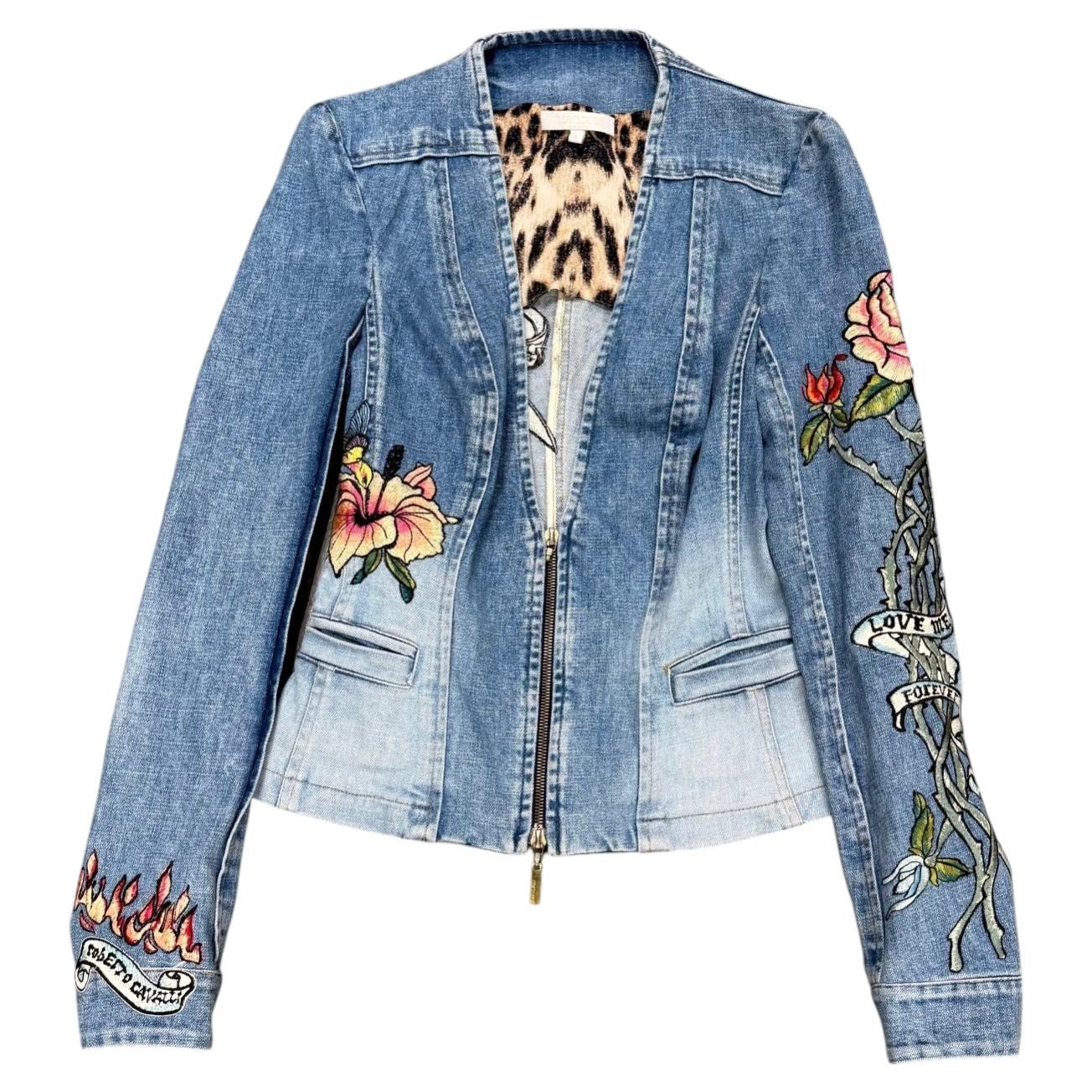 S/S 2003 Roberto Cavalli tattoo embroidered denim jacket For Sale