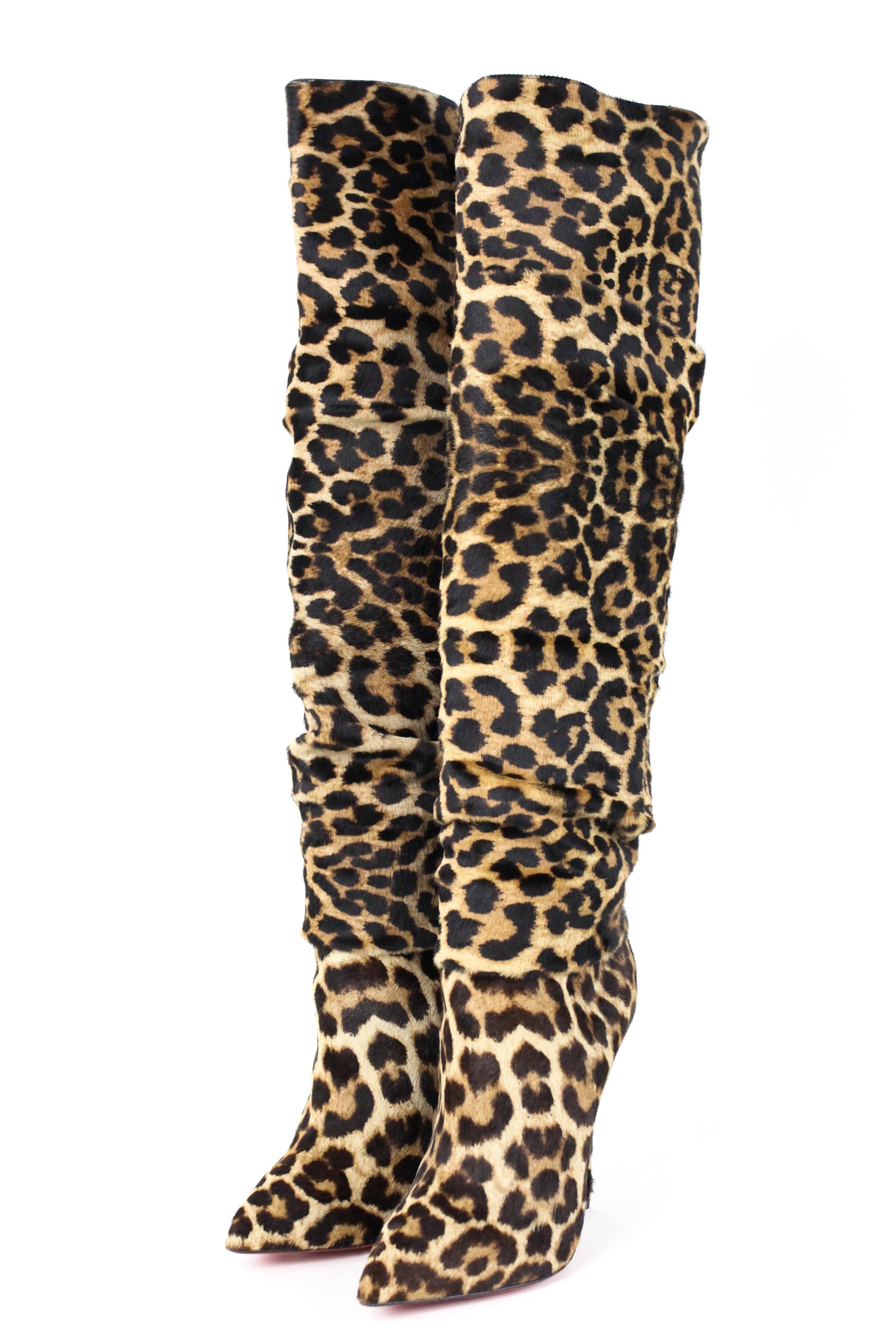 Black CHRISTIAN LOUBOUTIN Leopard Knee High Boots 36.5 For Sale
