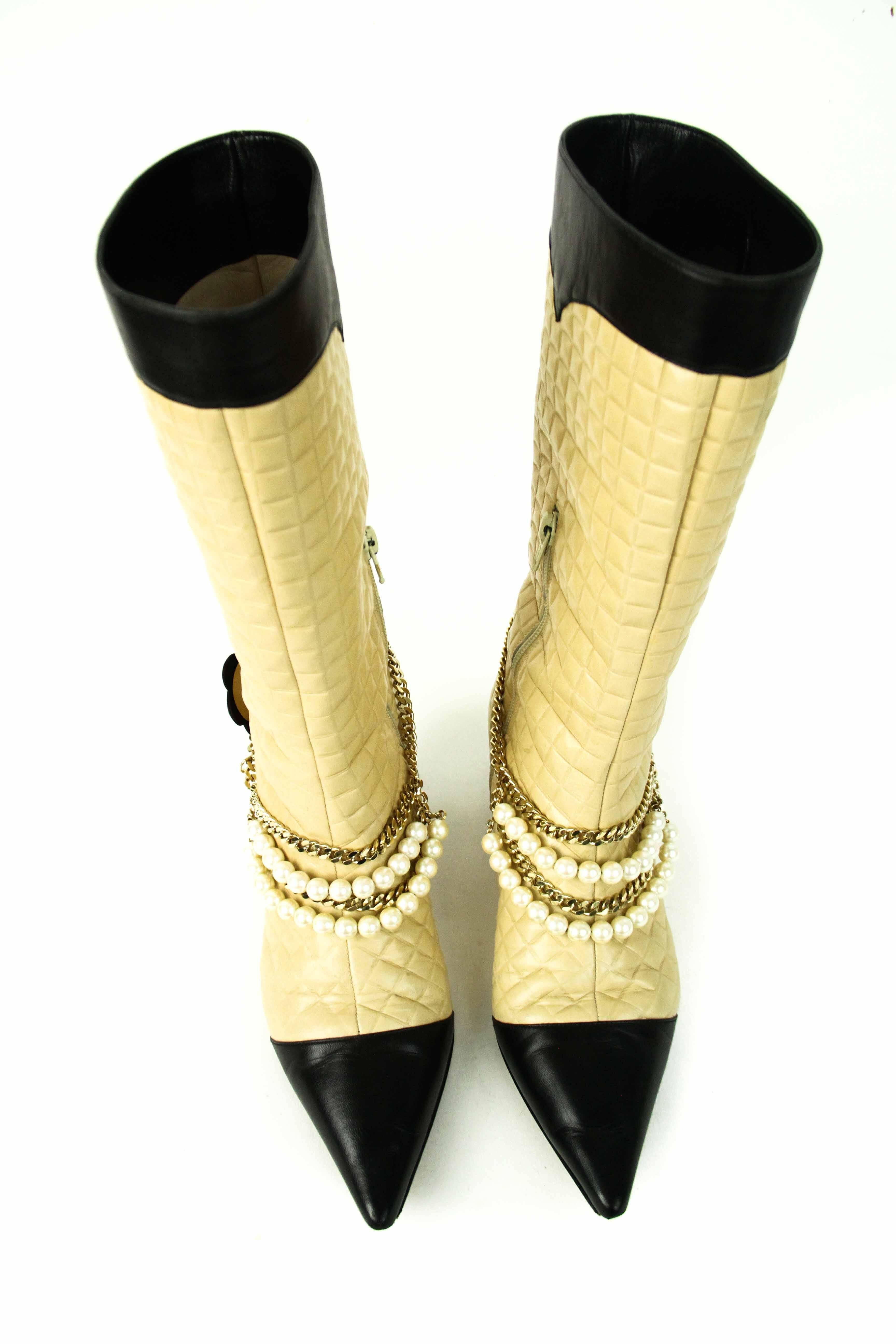 CHANEL Quilted Boot with Pearls and Camellia Flower 39.5 4