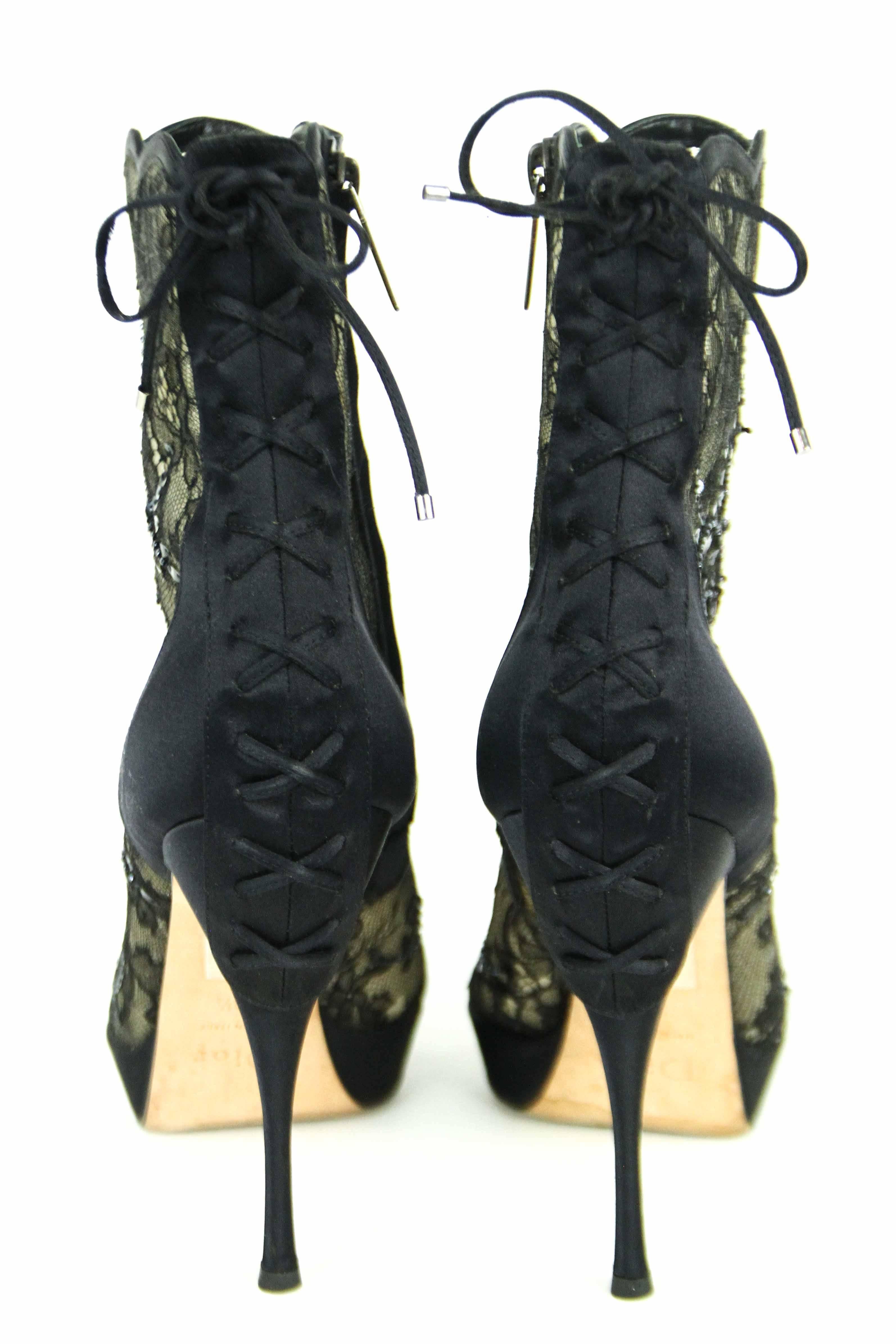 Black CHRISTIAN DIOR Beaded Lace Open Toe Platform Bootie 39.5 