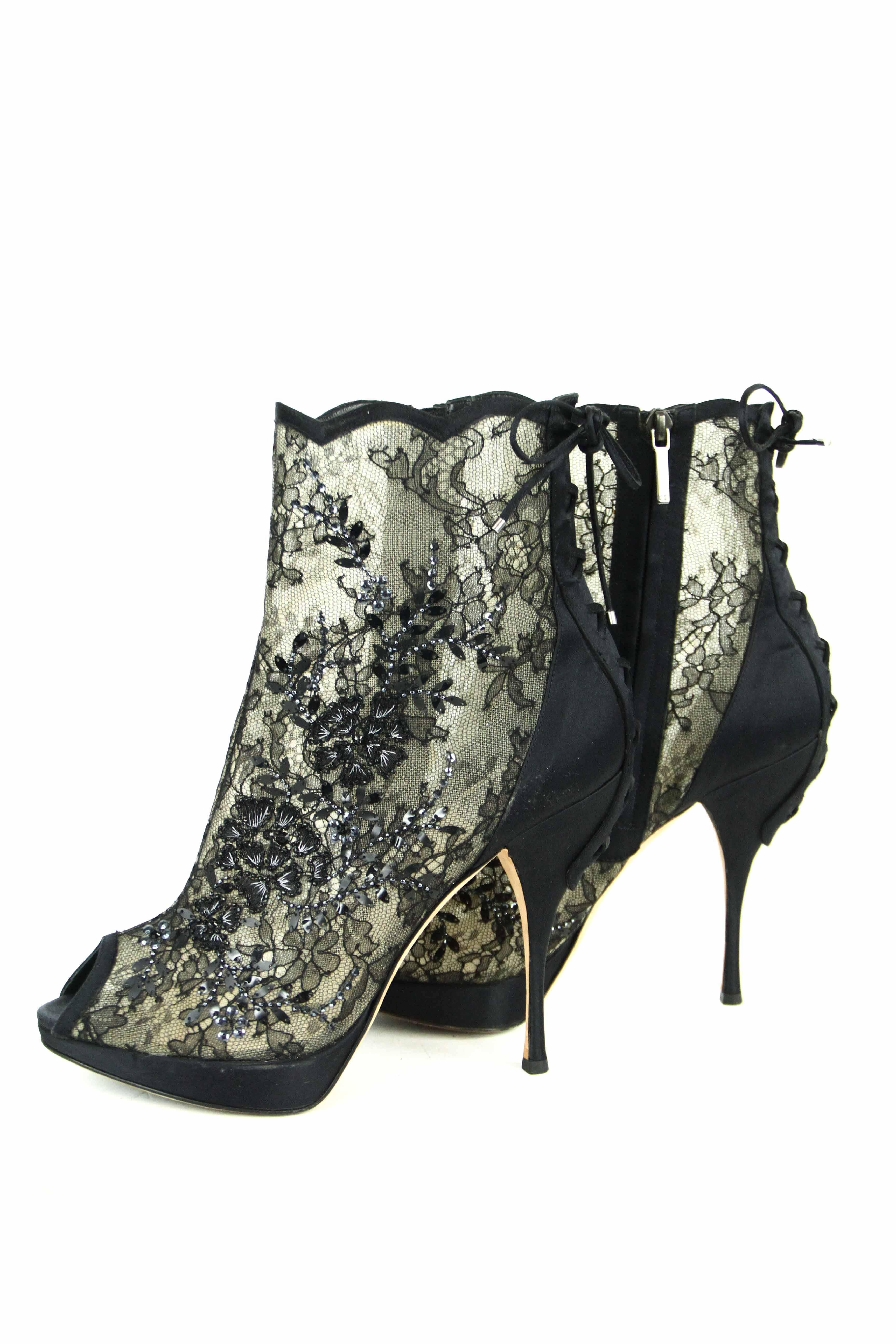 CHRISTIAN DIOR Beaded Lace Open Toe Platform Bootie 39.5  2