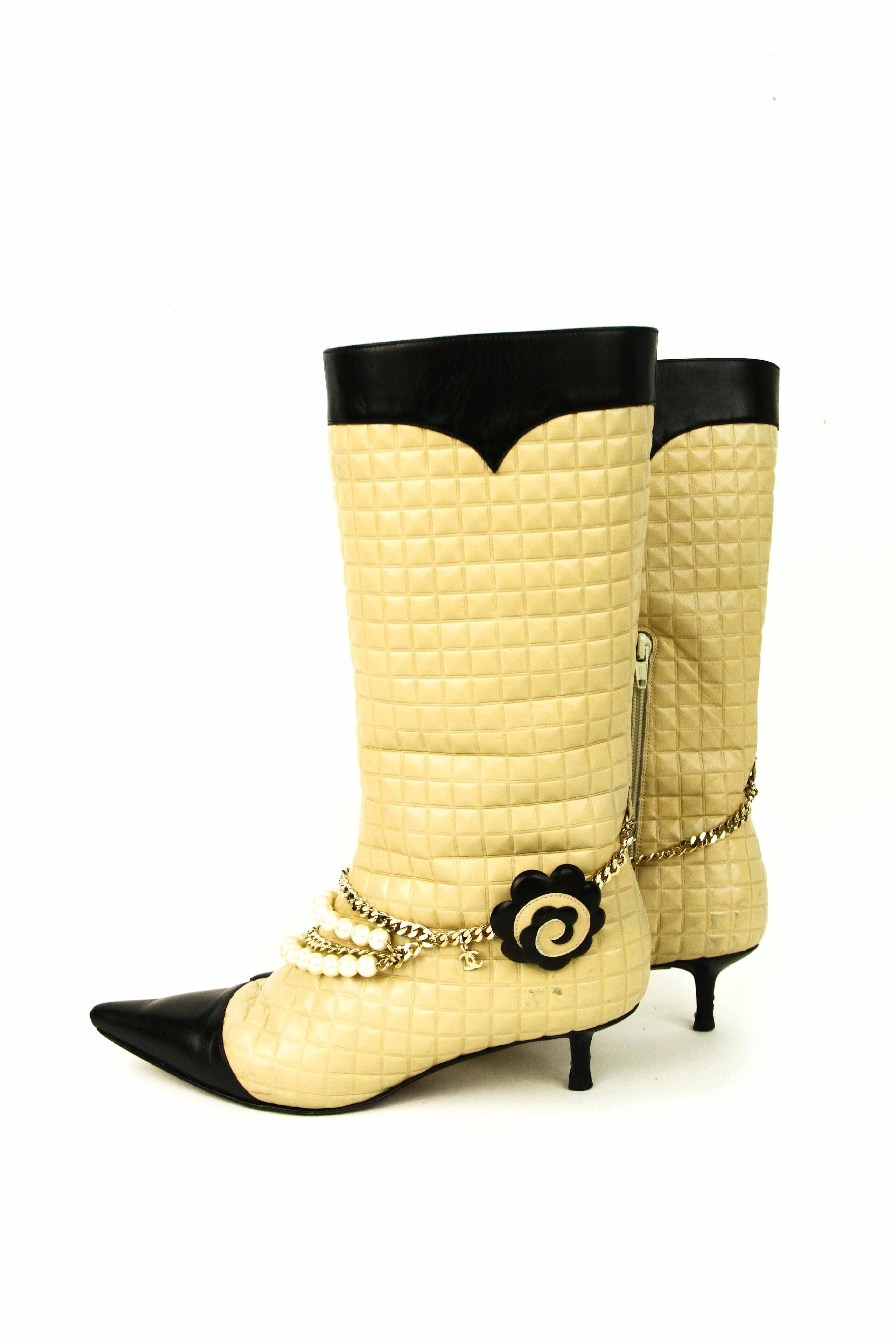 CHANEL Quilted Boot with Pearls and Camellia Flower 39.5 5