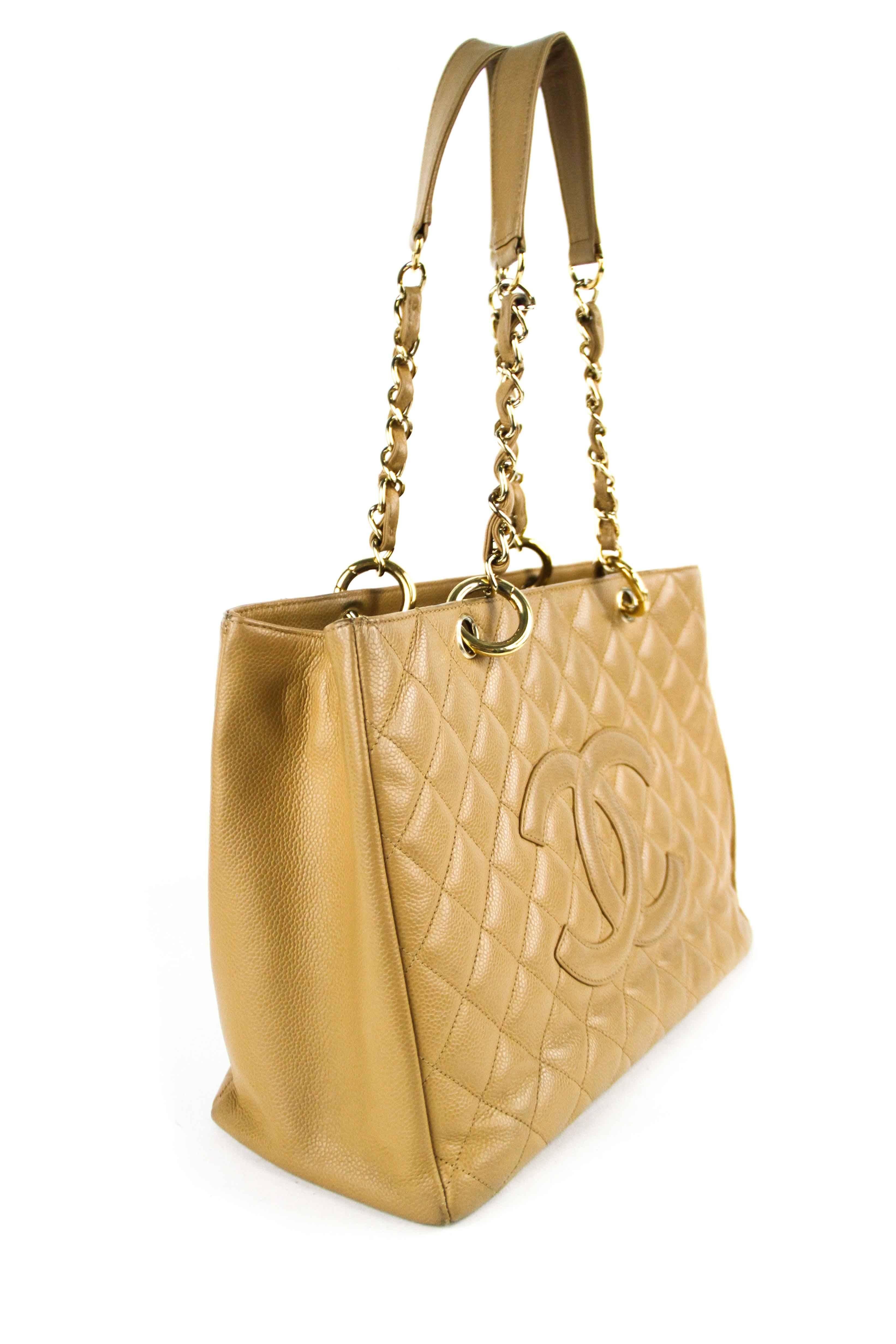 Chanel Beige Caviar Quilted Grand GST Shopping Tote  In Good Condition In San Francisco, CA