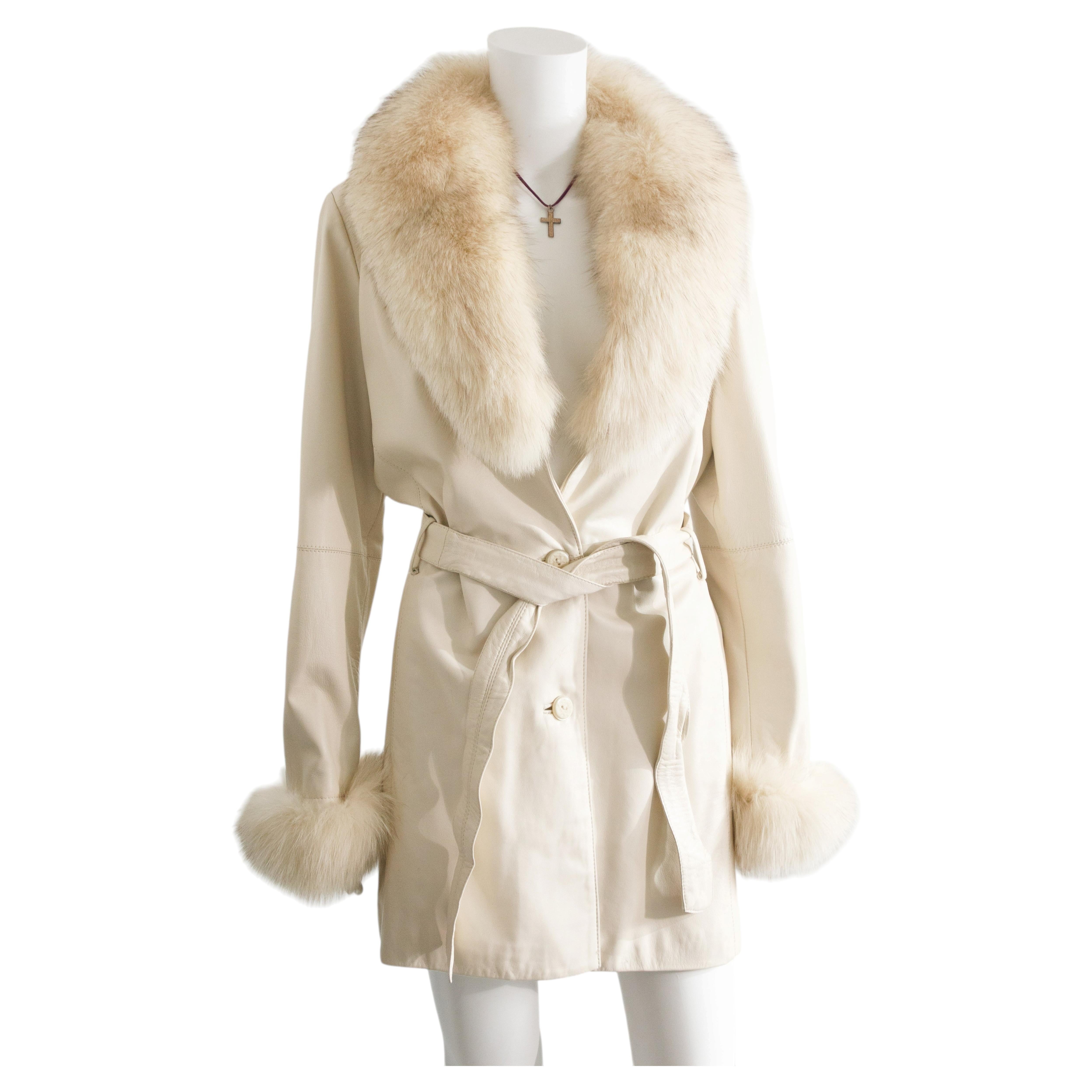 Pre-owned Balmain Cream Leather & Fox Fur Coat Size M/l In White
