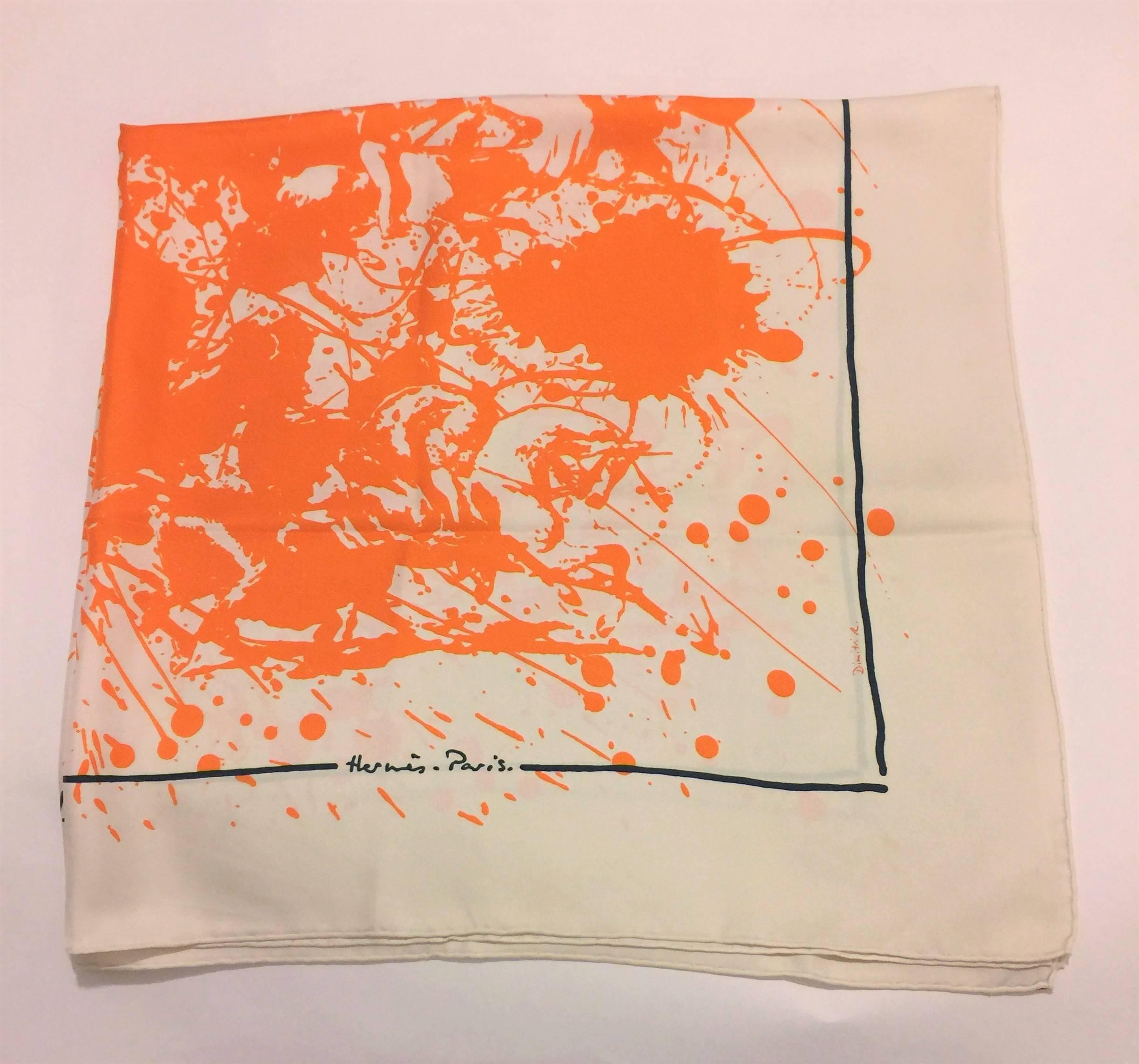 Hermes Paris Scarf ‘Cheval Surprise’. 100% silk twill scarf designed by prolific artist Dimitri Rybaltchenko in 2004. Hermes Signature orange and white. Hand Rolled edges. Made in France. Size 90cm by 90cm. Horse and riders emerge from a cloudburst