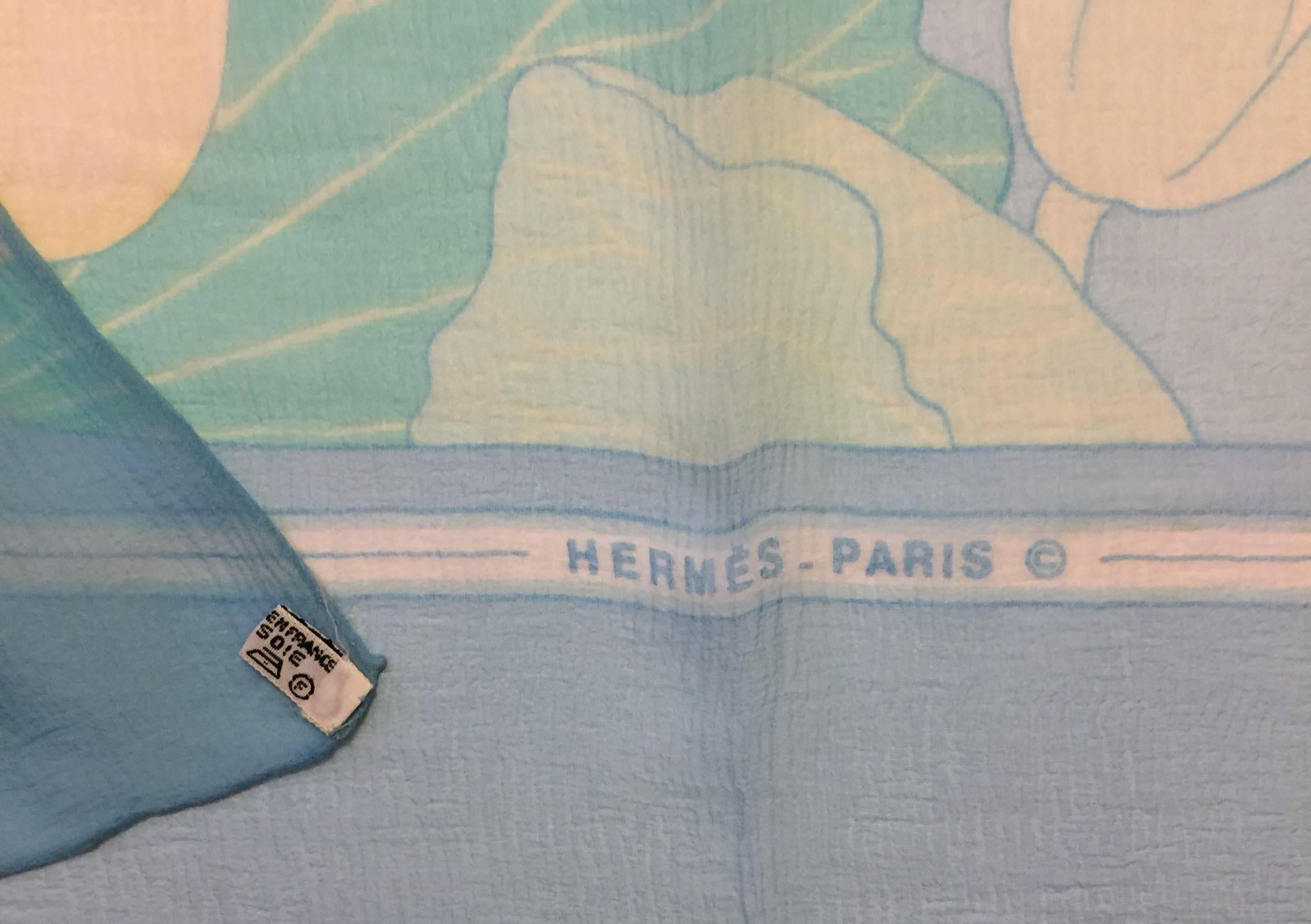 Blue Hermes Paris Silk Mousseline Scarf by Christiane Vauzelles. 