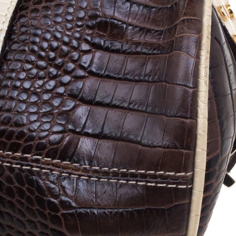 Black VERSACE Handbag Brown/Cream/Gold Croc Embossed Leather Madonna Boston Bag. For Sale