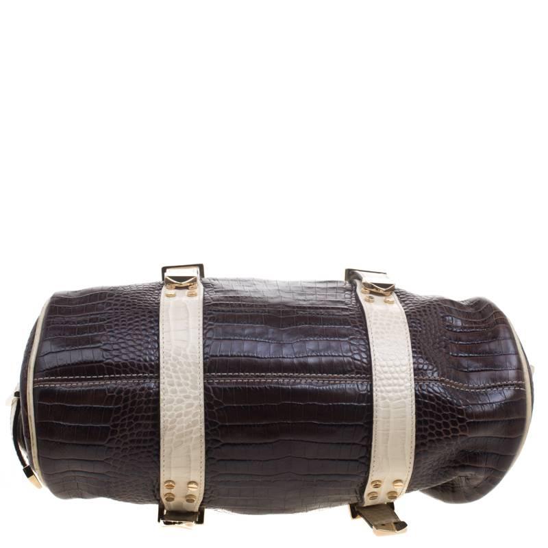 Women's VERSACE Handbag Brown/Cream/Gold Croc Embossed Leather Madonna Boston Bag. For Sale