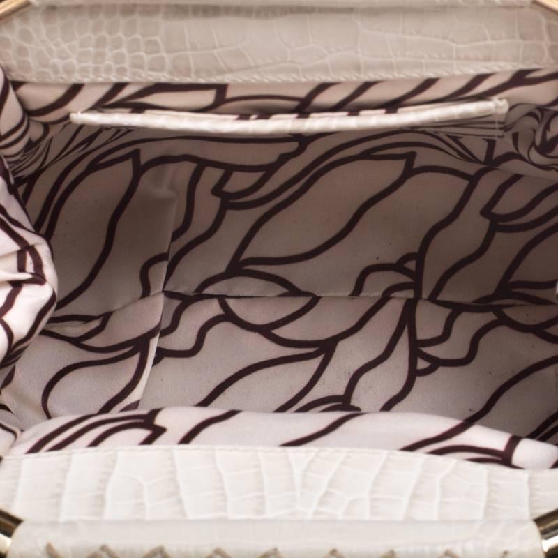 VERSACE Handbag Brown/Cream/Gold Croc Embossed Leather Madonna Boston Bag. For Sale 2