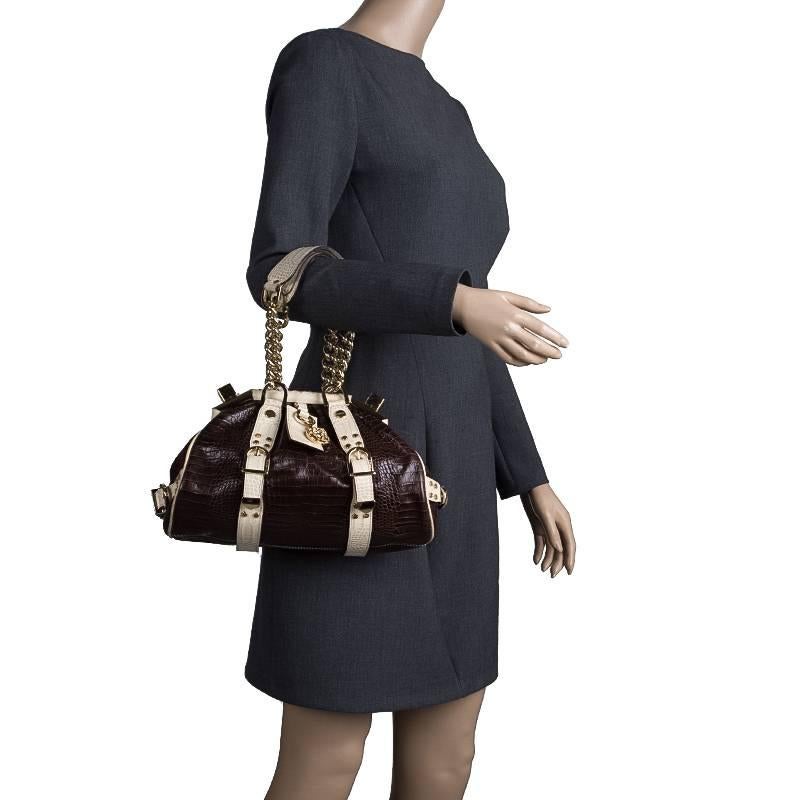 VERSACE Handbag Brown/Cream/Gold Croc Embossed Leather Madonna Boston Bag. For Sale 4