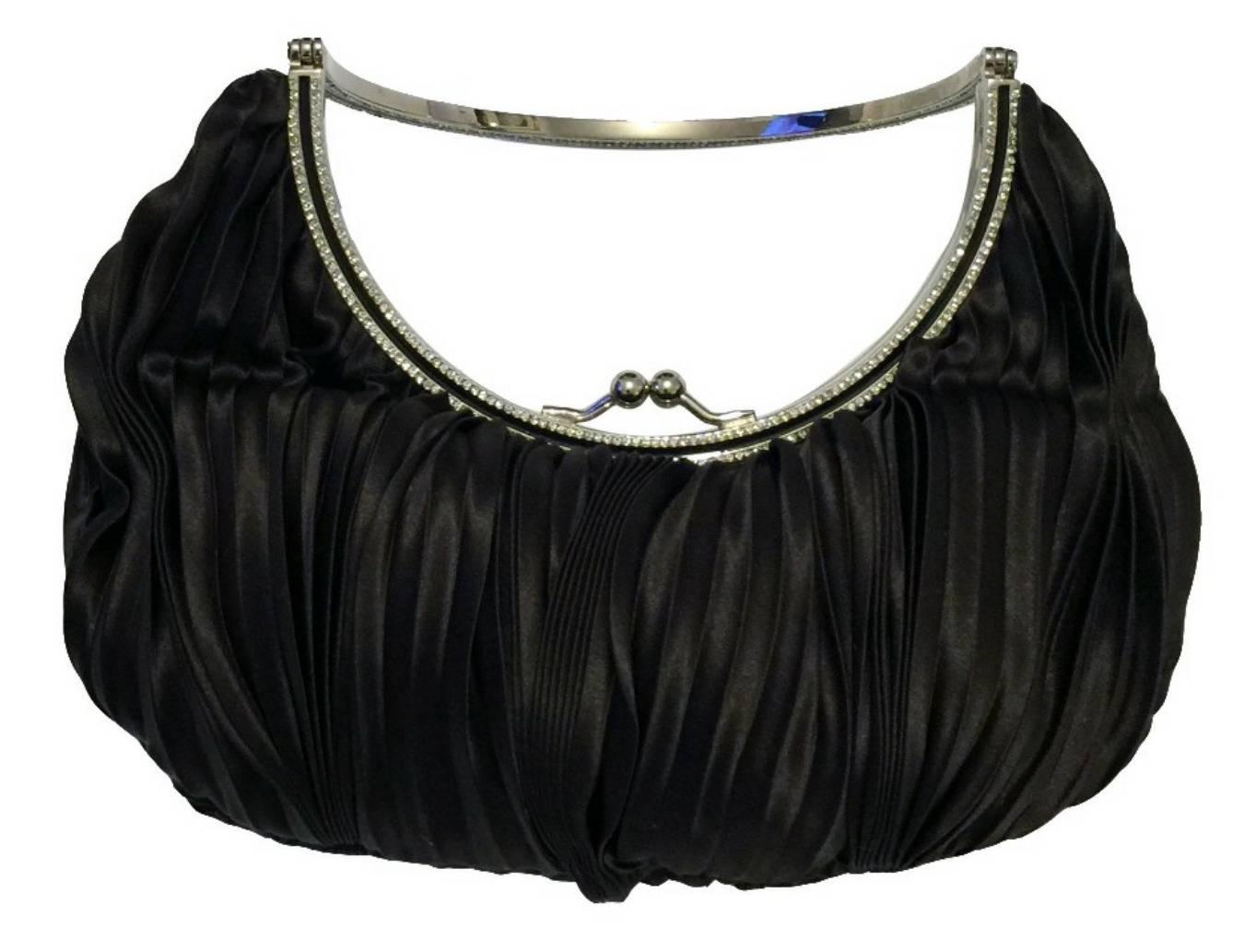 Valentino Evening Bag.  Chocolate Brown Pleated Silk.  Silk Satin Lined Interior with Clasp Closure and Rhinestone Diamanté Handle with Chrome.   Made in Italy.  100% Silk.  Width 9 Inches; Depth 4.5 Inches; Original Dust Bag.  Valentino Collection
