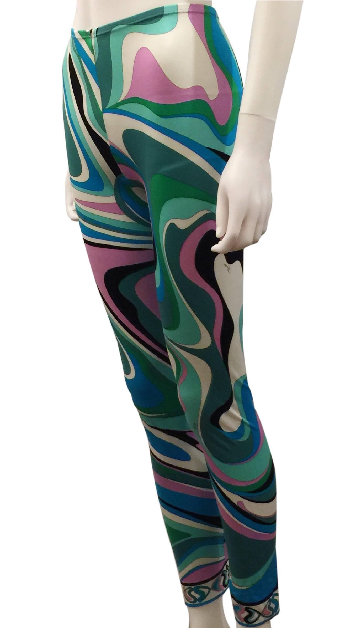 Emilio Pucci Leggings.  Made in Italy. Size Italian 42, French 38, USA 8, UK 10.  Material 80% Polyamide 20% Elastane.  From Pucci’s 1980’s Collection.  Pucci’ s psychedelic intense vivid colours of pink, turquoise, greens, blues, black and white