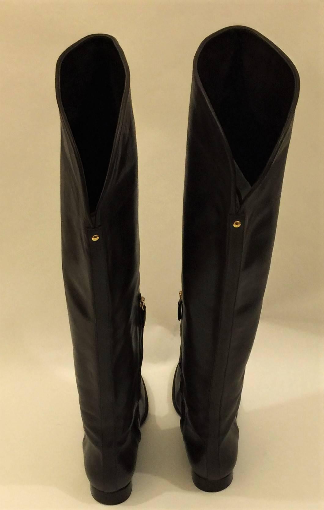 Black Loro Piana Iconic hand-made 100% Leather Knee High with turn-back Cuff Boots.  