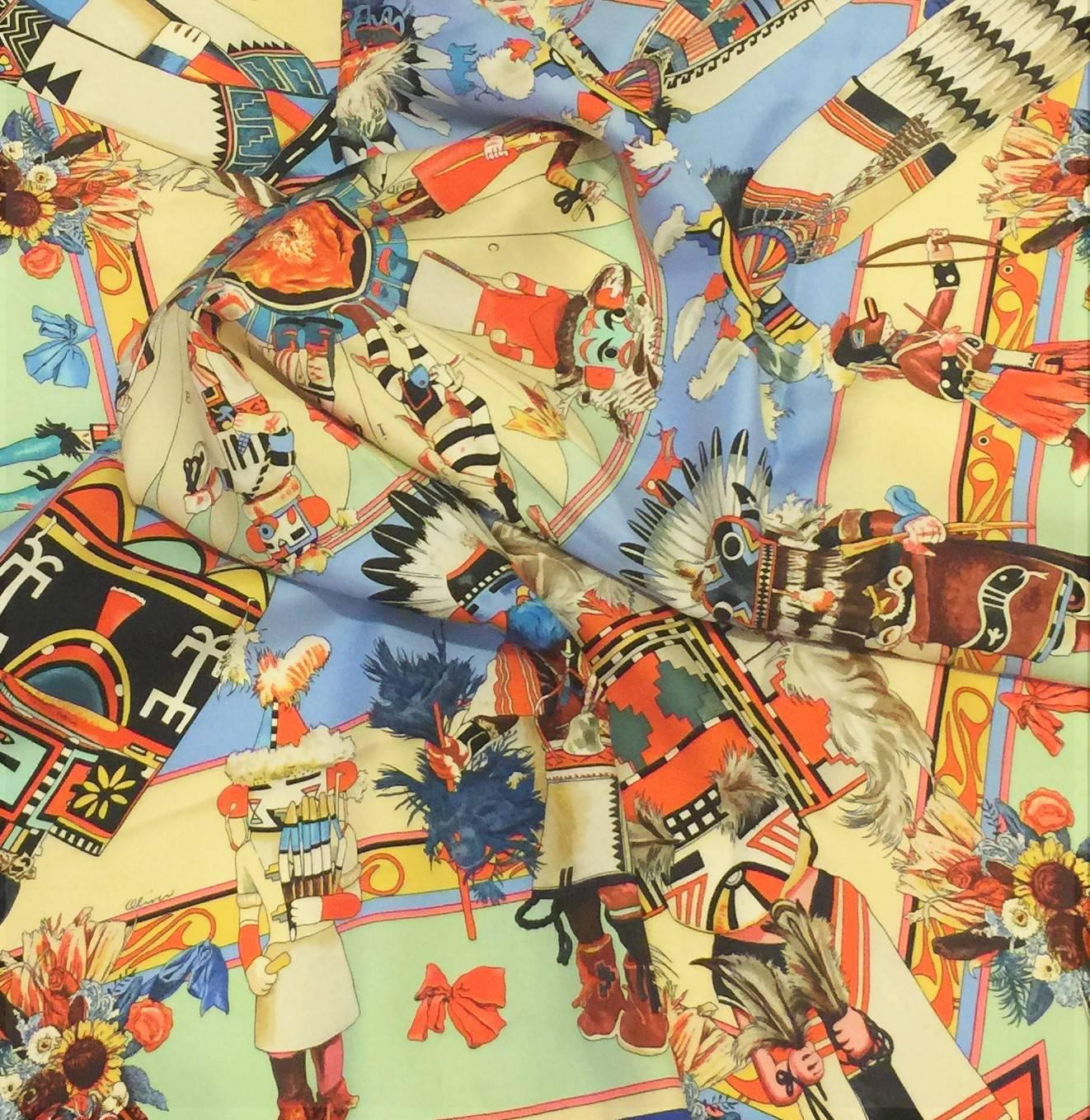Hermes Paris 100% Rare Vintage Silk Scarf ‘Kachinas’ by Kermit Oliver.   In Excellent Condition In By Appointment Only, GB