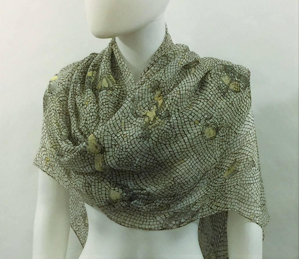 Hermes Paris Stole Vintage 1980’s Shawl/Stole/Scarf. Design Sea Shells Mosaic 100% Silk Chiffon. This elegant and refined sheer fabric with a lightness and texture is a truly luxurious accessory.  Black/White/Yellow & Grey.  Hand Rolled Edges.