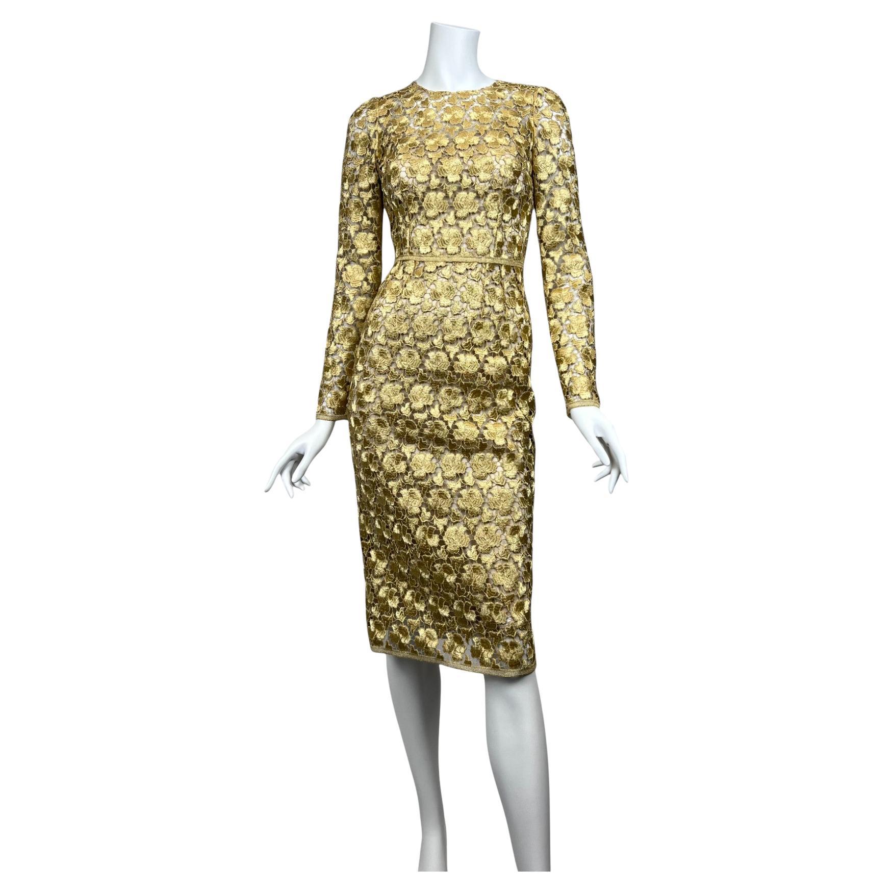 Dolce & Gabanna Gold Macrame Silk Dress Sz: 38 For Sale