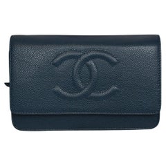 Chanel Caviar Wallet on Chain  Navy Pebbled Leather, Chain Strap