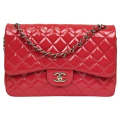 Chanel Classic Jumbo Double Flap Bag 2014 Raspberry Patent Quilted Leather