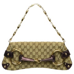 Gucci Monogram Canvas Horsebit Clutch  Goldkette & Metallic-Leder