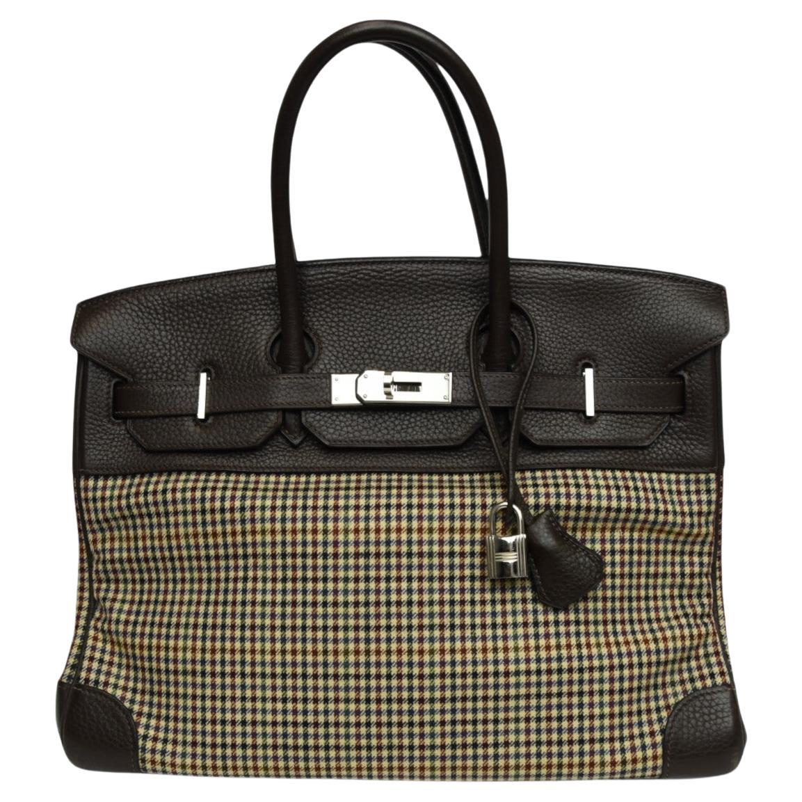 Hermès Birkin 35 in lana pied-de-poule e cioccolato Clemence  Palladio HW in vendita