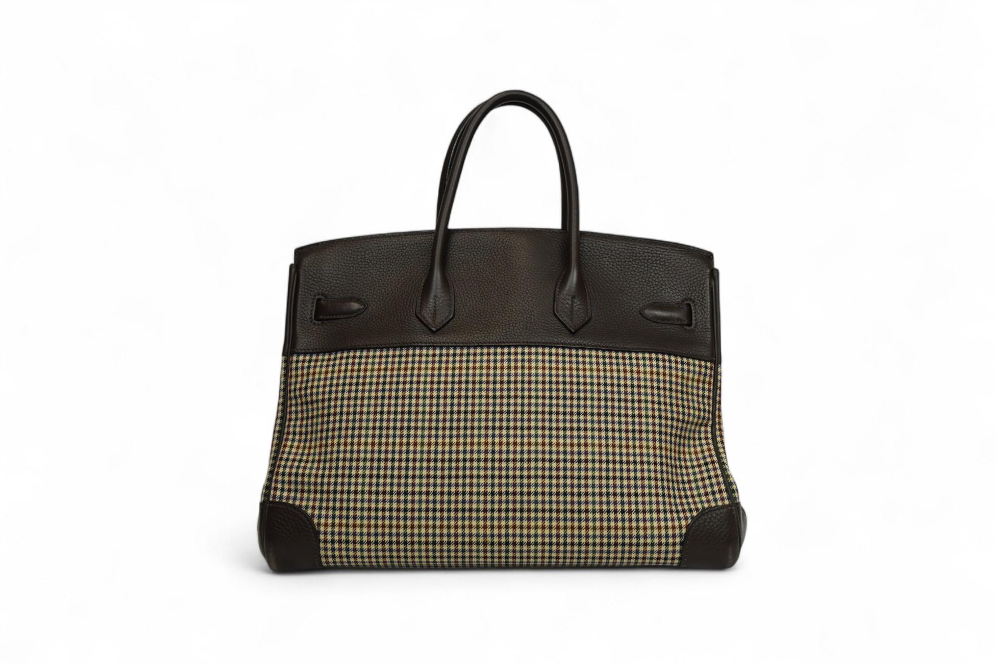 Donna Hermès Birkin 35 in lana pied-de-poule e cioccolato Clemence  Palladio HW in vendita
