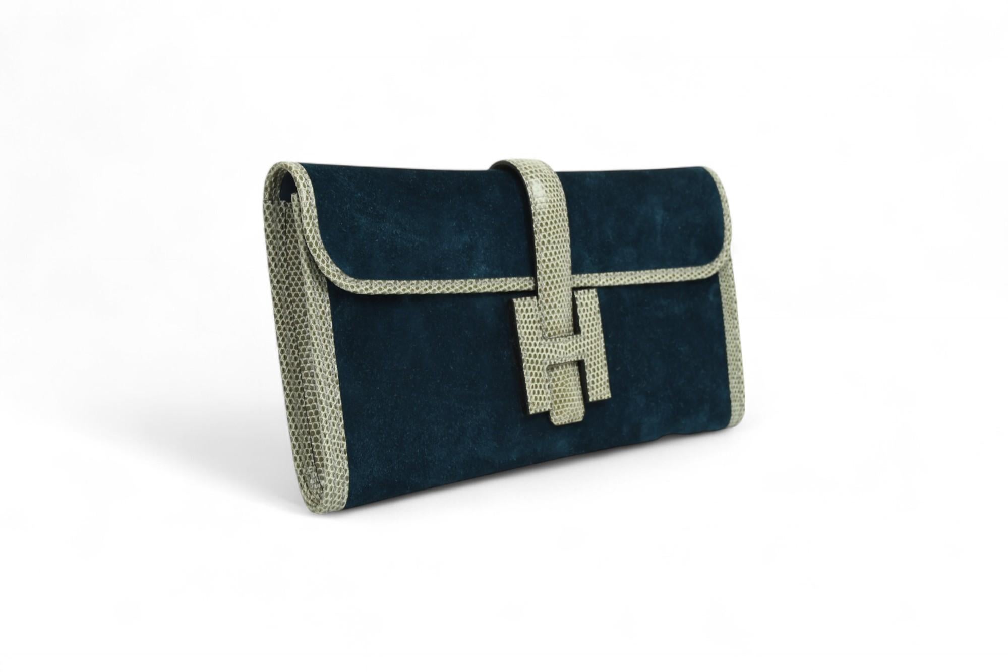 Hermès Veau Doblis Lizard Jige Elan 29 Clutch Bleu Ocean  Exotic Trim For Sale 1